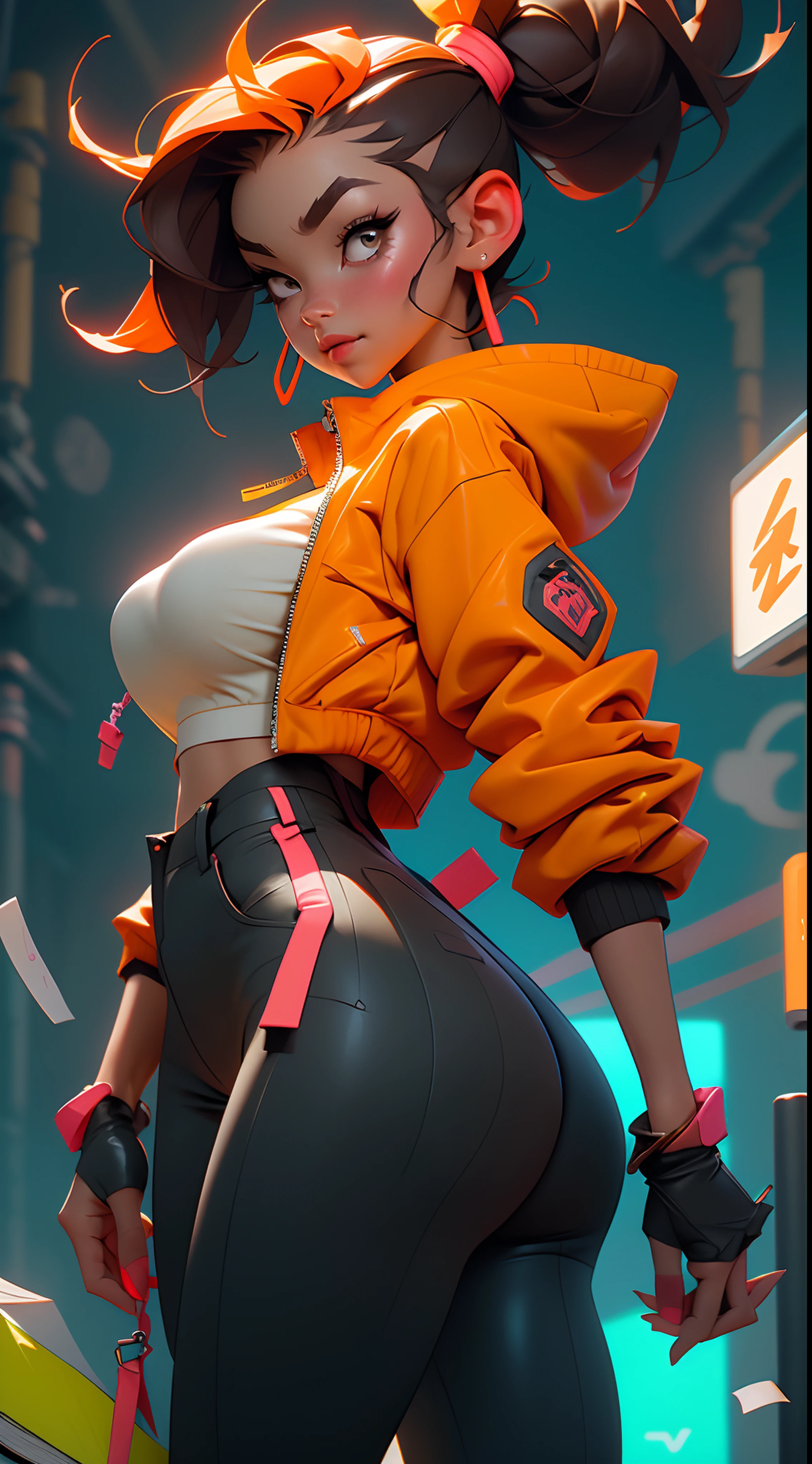 ((best qualtiy)),((tmasterpiece)),((Realistis))Hyper-detail photography posing from behind with book kid wearing neon headphones。She's having((brunette color hair)),Wear an orange tech jacket,Exuding((Beauty and aesthetics))The atmosphere。Bigchest,Large breasts,huge tit,爆乳