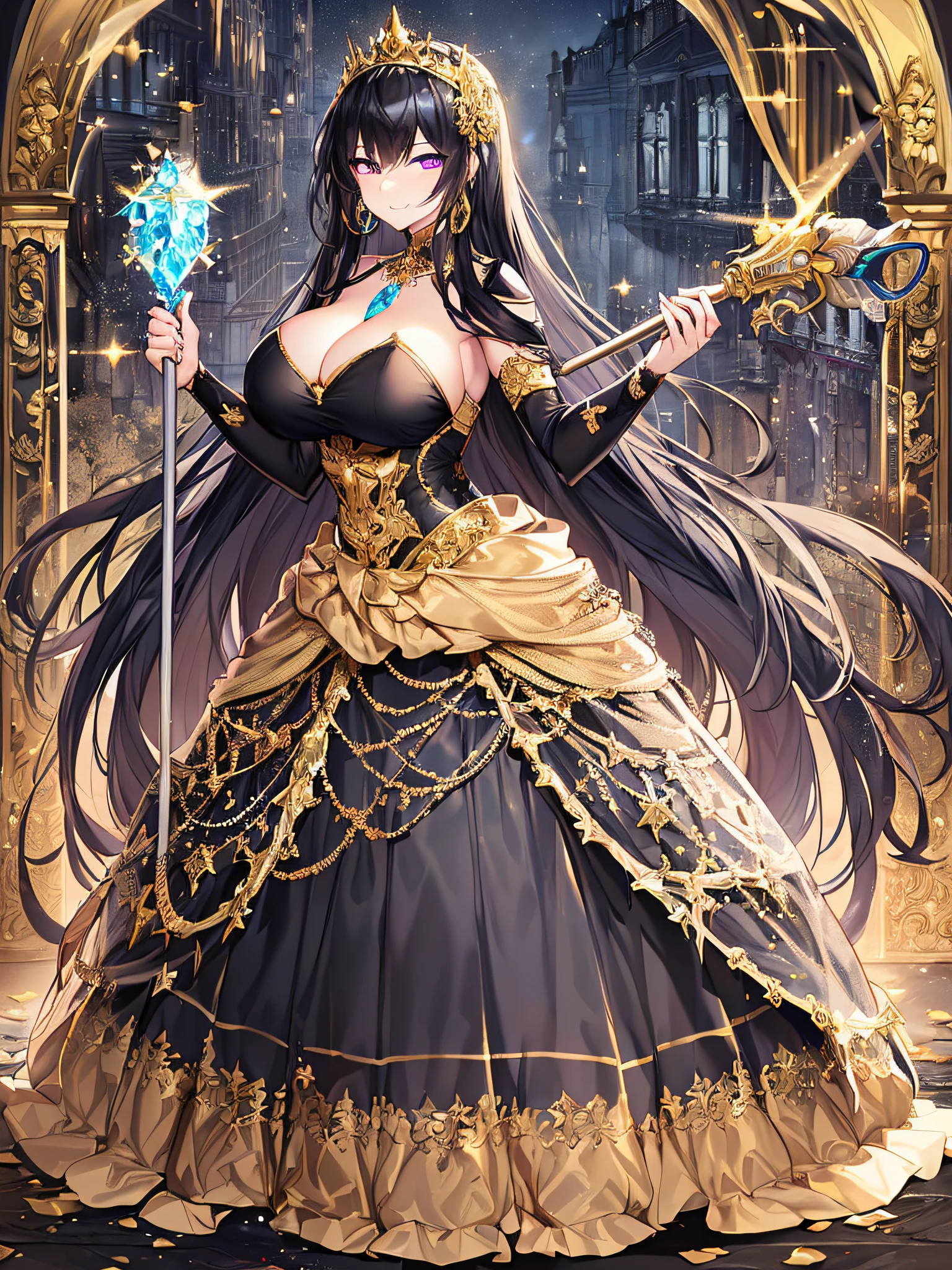 ((anime artstyle)),(Masterpiece),(Best Quality),(Super Detail),(Very Delicate and Beautiful),Solo,((full body)),((standing in garden,outdoor)),BlingBling,((1 arrogant princess in beautiful embroidery black and gold gorgeous rococo ballgown with voluminous full length hoop skirt)),(crinoline),gorgeousfull embroidery,Long train,((arrogant,haughty)),((arrogant smile)),Sharp eyes,(holding a luxurious scepter),(gorgeous gemstone jewelry),detailed face and eyes,jewel-like eyes,Purple eyes,(Bangs between eyes),((large amount of straight hair,extremely Long voluminous black Hair)),((gigantic tits,Long tits)),gorgeousfull embroidery,cleavage,extremely gorgeousfull hair ornament,(bling-bling extremely gorgeousfull jeweled tiara),gorgeous corsage,(Dynamic Angle),Looking at viewer,((full body)),outdoor,flowers,((beautiful embroidery and glitter jeweled black and gold gorgeous rococo ballgown with voluminous full length hoop skirt))