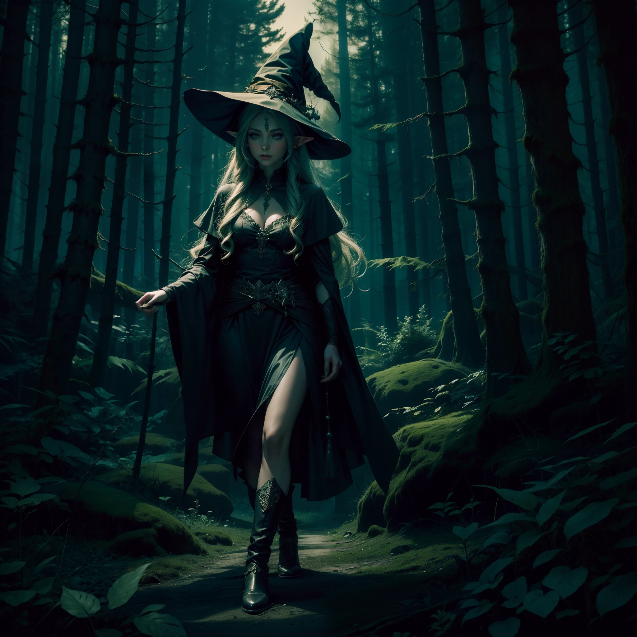 Beautiful elf witch in a dark forest at night.