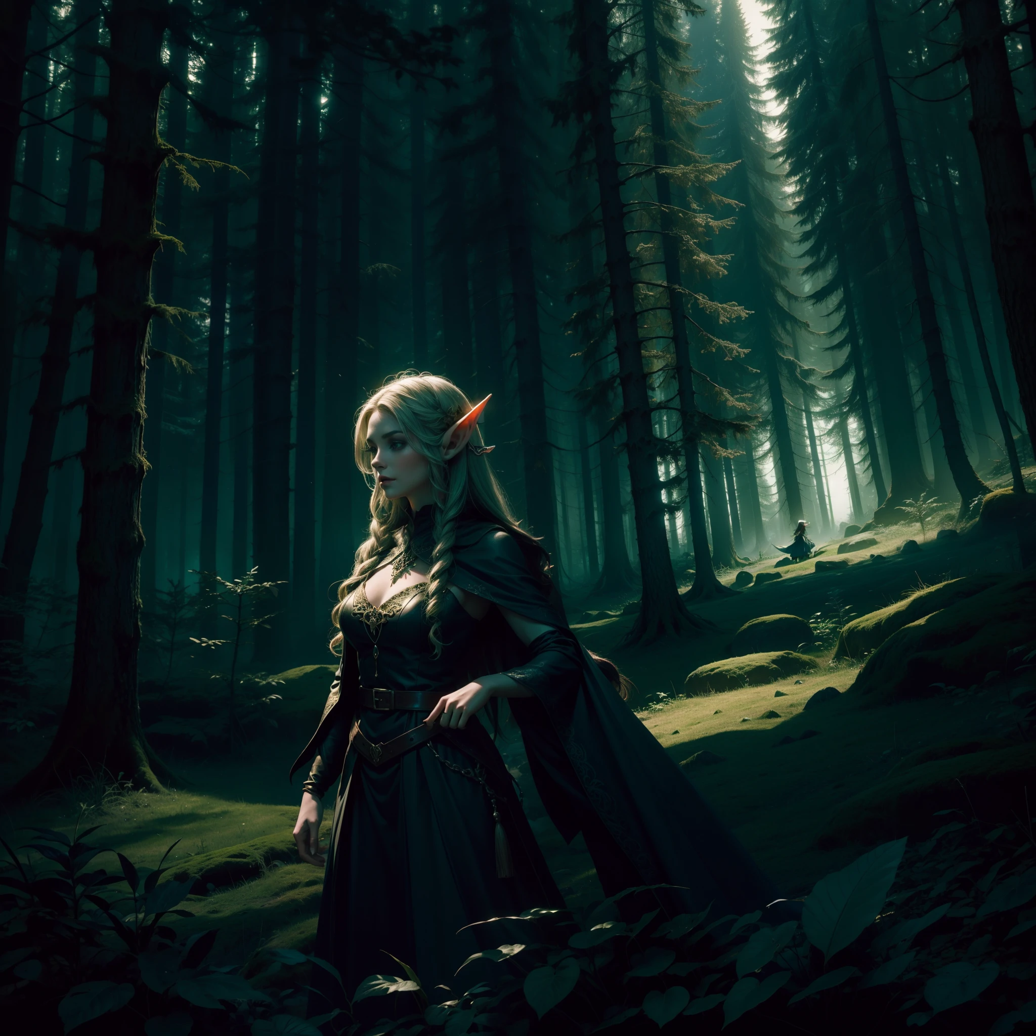 Beautiful elf witch in a dark forest at night.