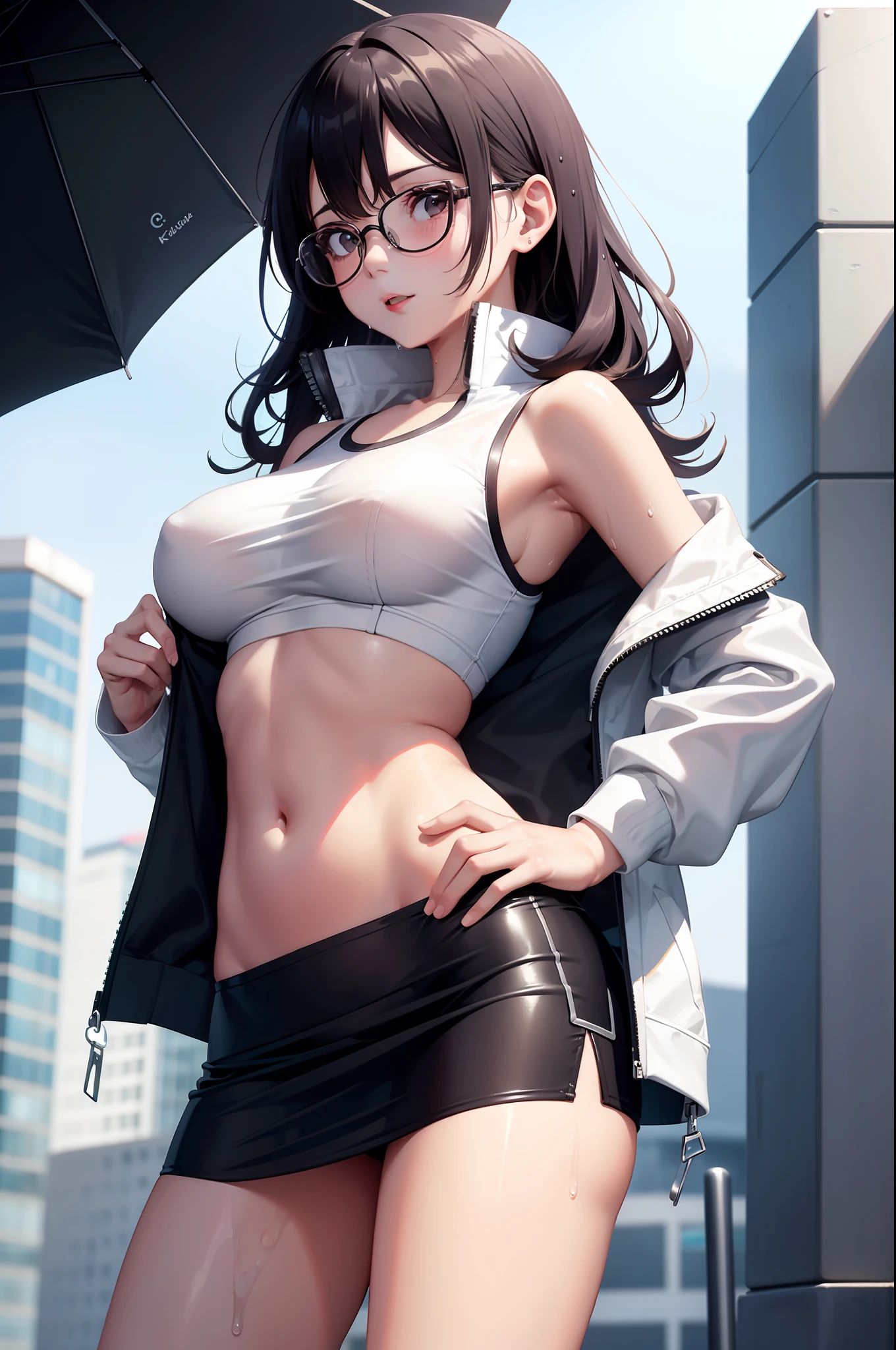 cute girl, white sleeveless shirt and sportive jacket, mini skirt, petite body shape, glasses, no underwear, standing under rain, very wet body detailed, soft tits, drinking alcohol