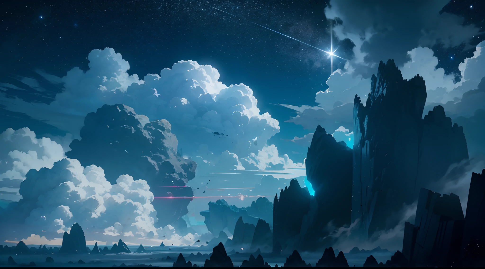 octane，Skysky，As estrelas（Skysky），scenecy，themoon，meteors，starrysky，the night，nigh sky，独奏，exteriors，buliding，​​clouds，galactic，siluette，fantasy，