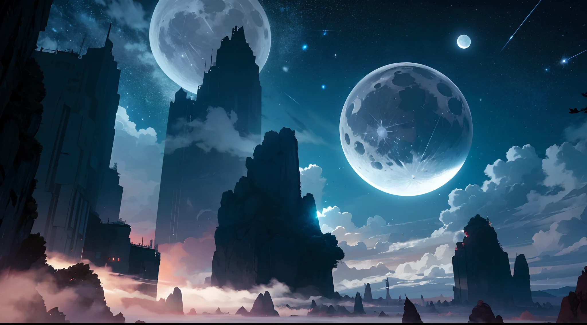 octane,Skysky,As estrelas(Skysky),scenecy,themoon,meteors,starrysky,the night,nigh sky,独奏,exteriors,buliding,clouds,galactic,siluette,fantasy,