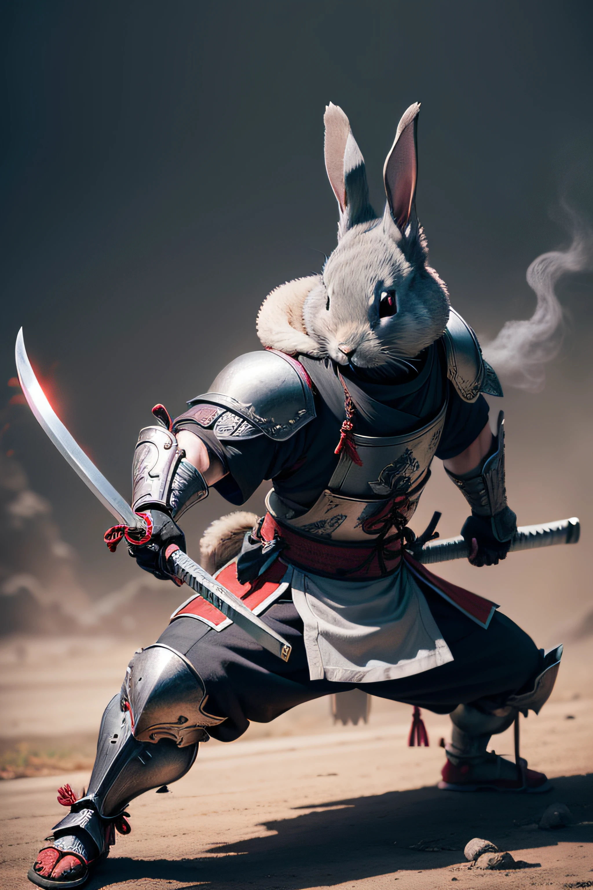 A grey Rabbit dressed in Samurai rokugu armor, wielding a katana in a battle stance, with small red mist coming out slightly from his eyes