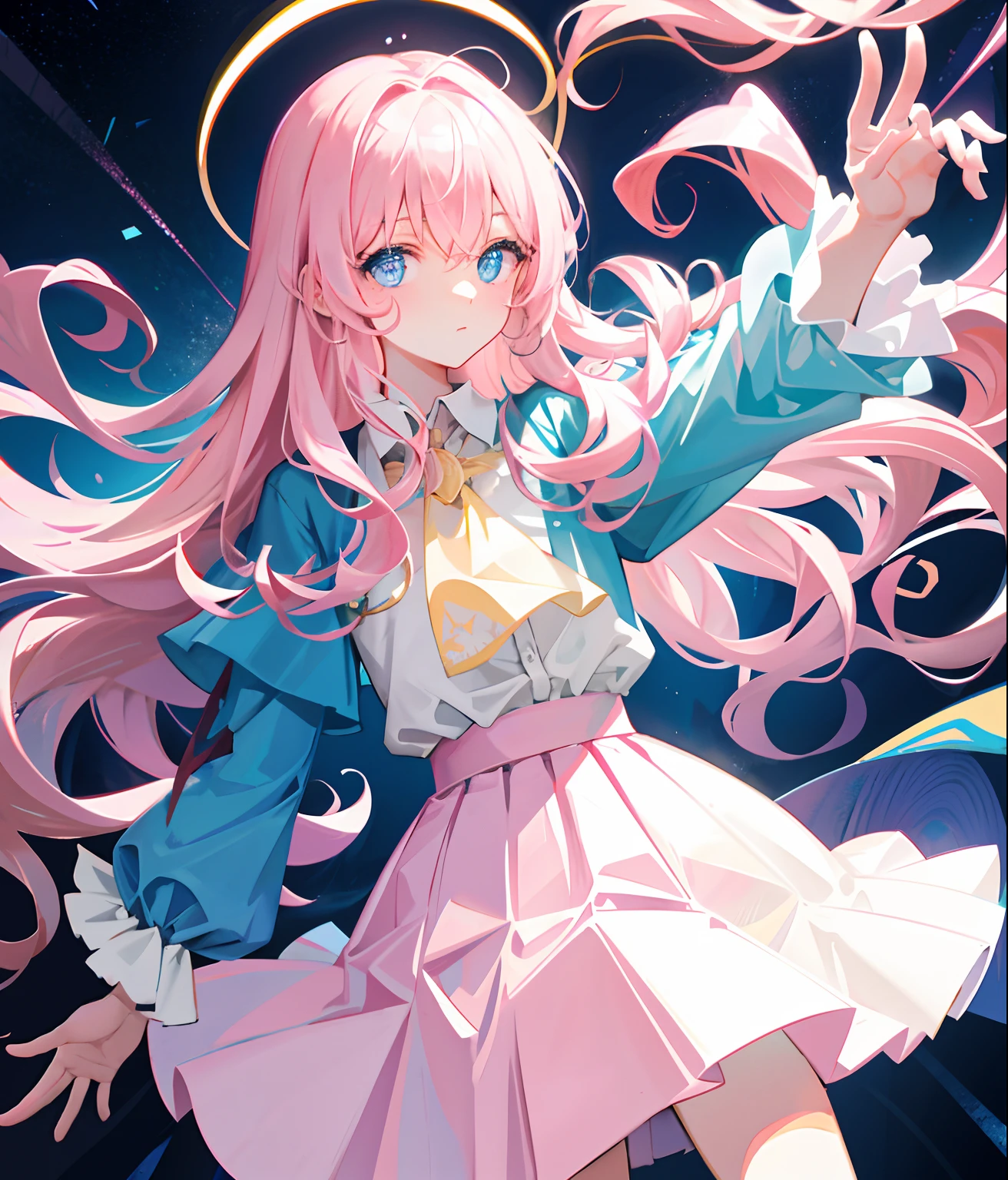 Long light pink slightly curly hair, bright light blue eyes, Star-like pupils, Shirt, pleated skirt, black silk, everyday wear