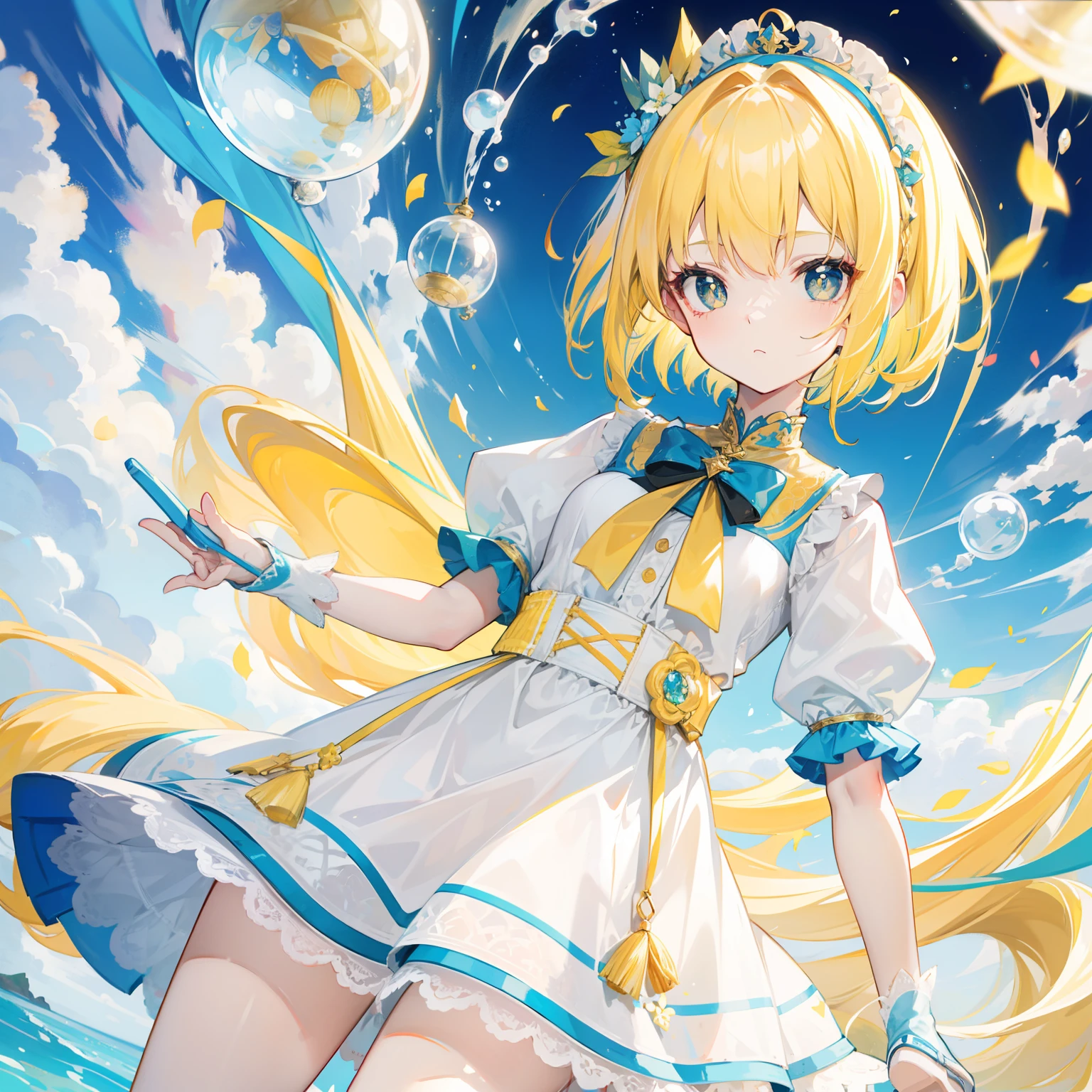 Short bright light yellow hair，Pale yellow pupils，There are some light blue ornaments，Cute cute girl，shift dresses