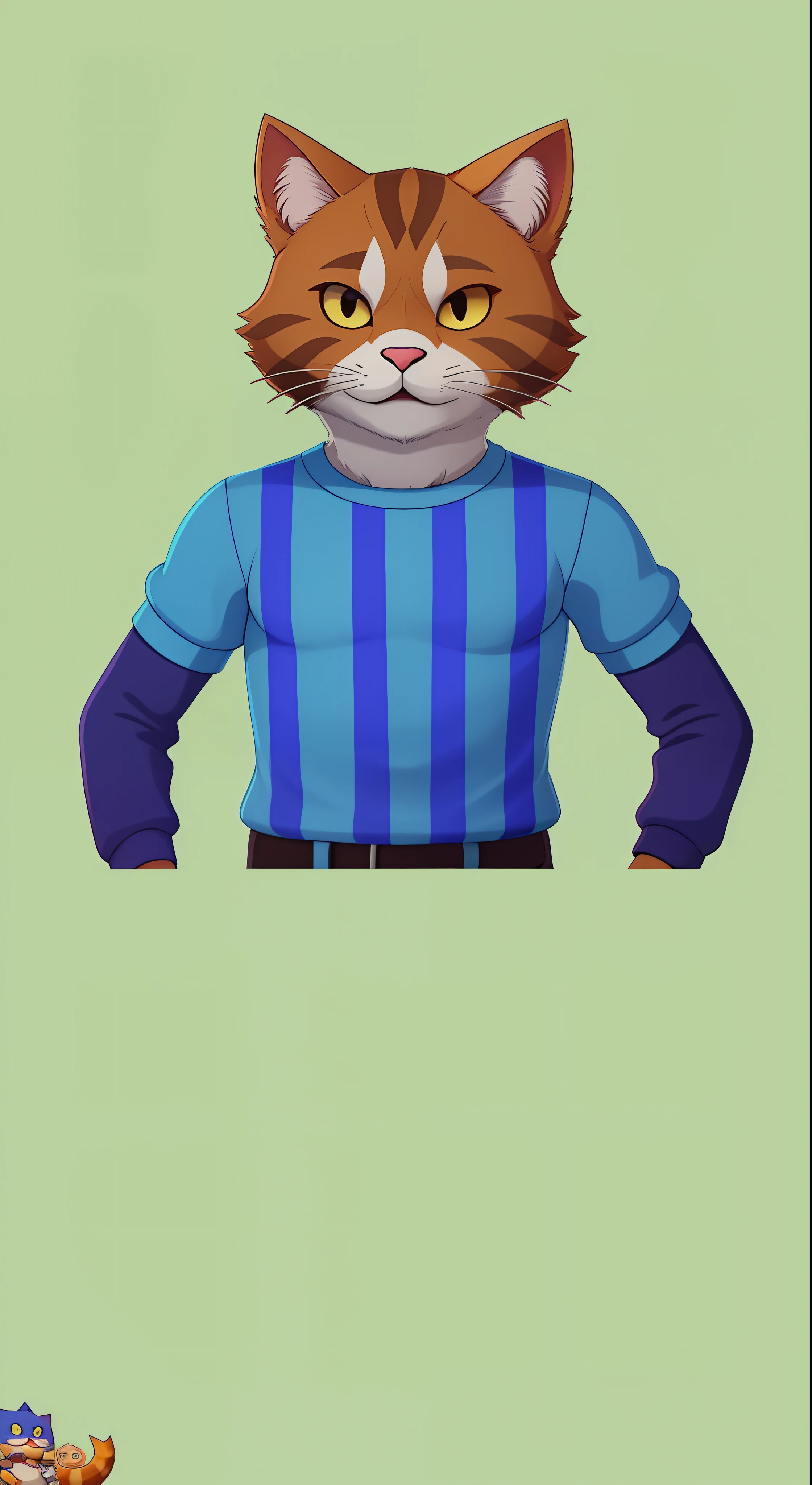 There is a cat who is wearing a blue shirt and a blue shirt, Rabbt_character, No estilo de Tony Start, 2 d render, toon rendering, papel de parede do telefone, official character illustration, mascote de corpo inteiro, arte conceitual oficial, Criado no Adobe Illustrator, Retrato de personagem peludo, sem linha, official fan art, rotoscopia, Feito em Adobe Illustrator