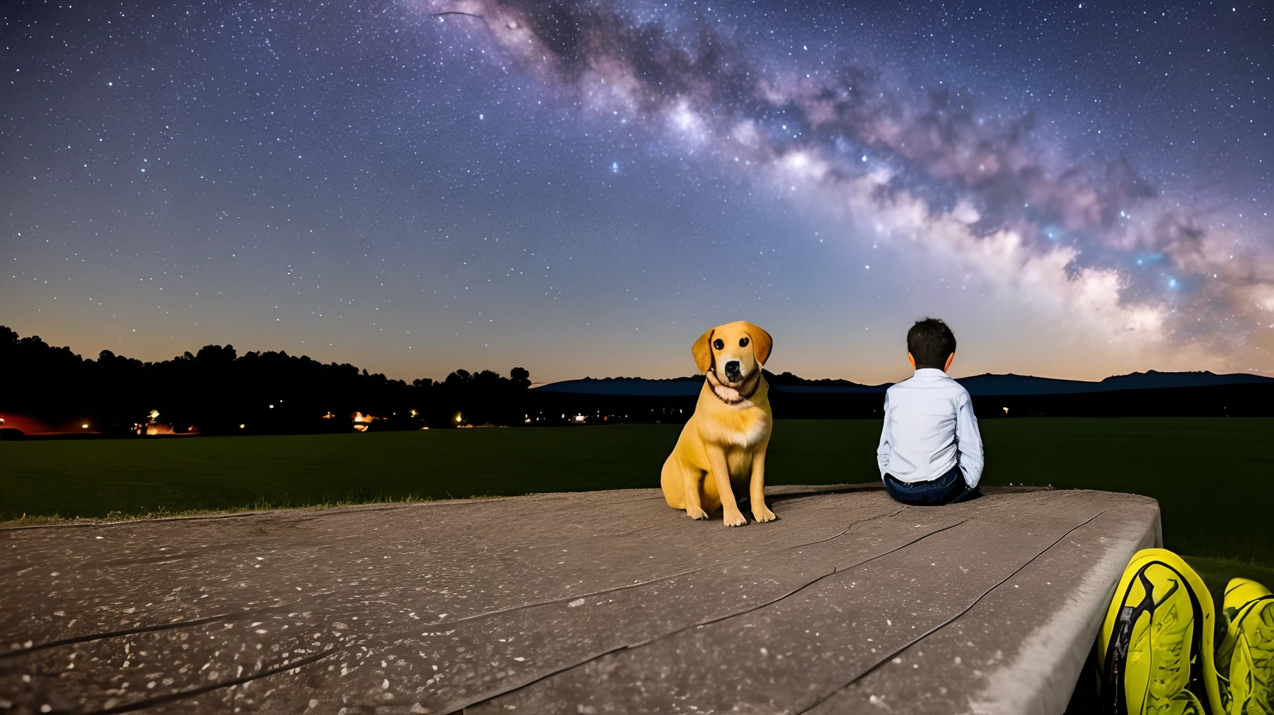 the night，Boy one boy per teenager（），sitting on rooftop，Behind it are fields，Look up at the stars，My eyes are full of confusion，The phone in my hand has this message，There is a yellow puppy next to him，It seems that it understands his heart