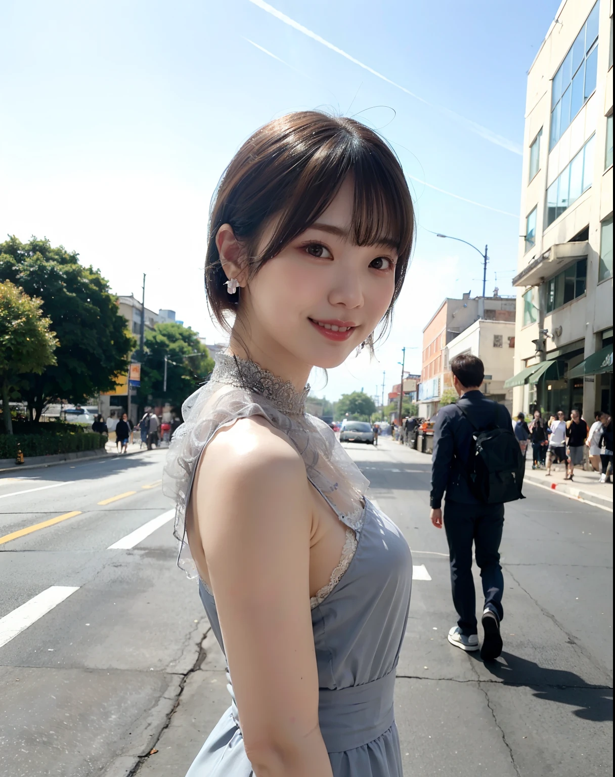 Woman posing on street corner wearing sheer lace dress, top quality, girl one, big breasts, sun, bright, blurred background, bokeh, outdoor, (street: 0.8), (people, crowd: 1), (cropped with lace) dress: 1.5, sleeveless dress, full body, light grey color clothes, light gray color high neck dress: 1.2, light gray color dress: 1.5), gorgeous ( Short hair, forehead: 1.2), sagging eyes, sky with beautiful details, earrings, (upper body: 0.8), soft lighting, wind, shiny skin, smile