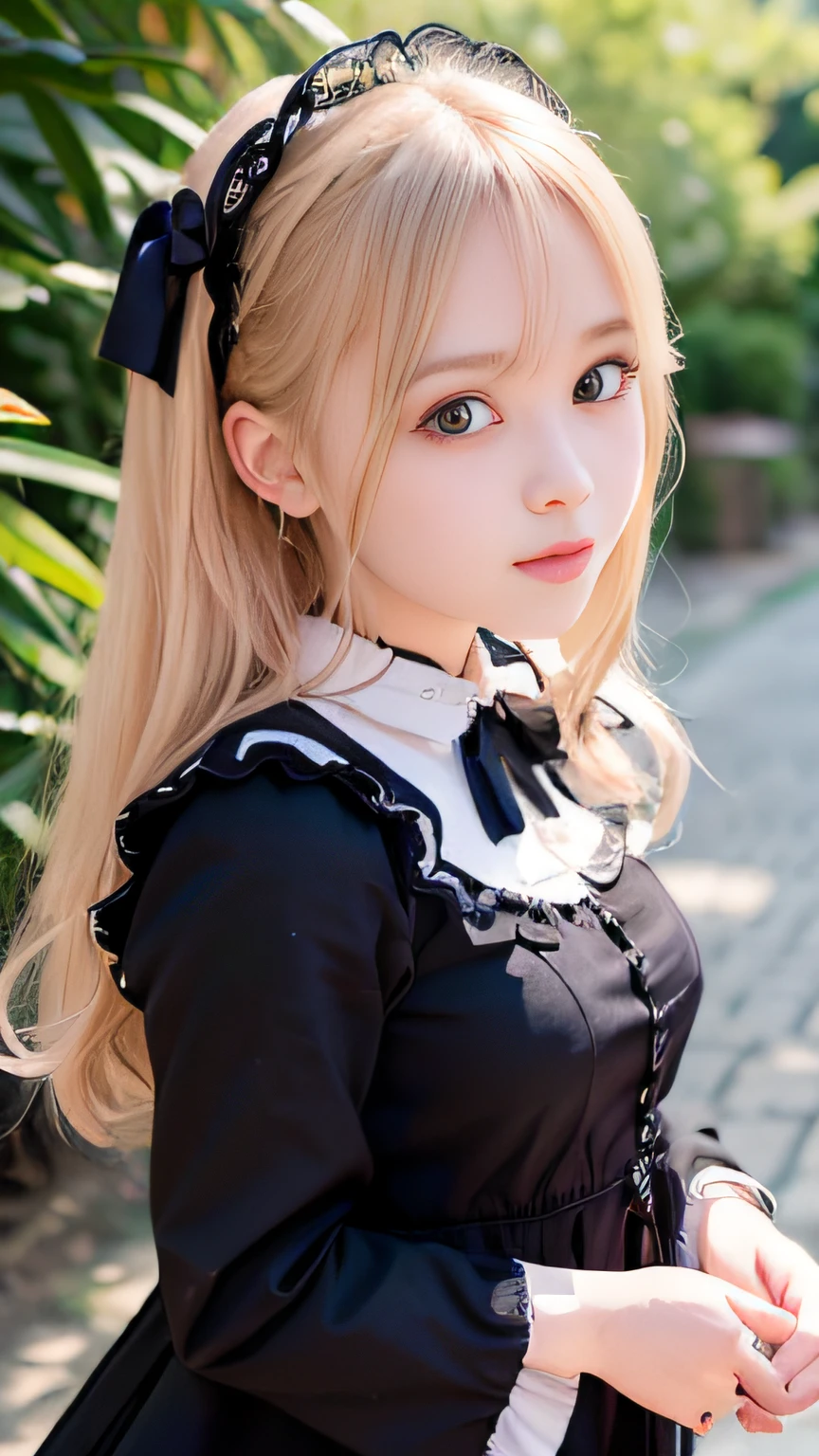 1 Nogizaka Musume、Very cute、a beauty girl、age19、(Gothic Lolita Fashion)、a blond、Looking at Viewer、Beautiful face, eyes and skin with exquisite detail、Fine black shiny hair、Classy ruffles、frilled tie、Ribbon tie、rose hair accessory、(Smile at the camera)、(up close shot)、(European seas)、profetional lighting、BREAK、(realisitic、Photorealsitic:1.37)、8K、(masterpiece)、(top-quality:1.4)、(超A high resolution:1.2)、 (Raw photography:1.2)、(Delicate lace、Soft fabric、Beautiful rose pattern dress)、perfect anatomia、4 fingers and 1 thumb、seaside backgroud、(Wallpapers by Unity 8K)