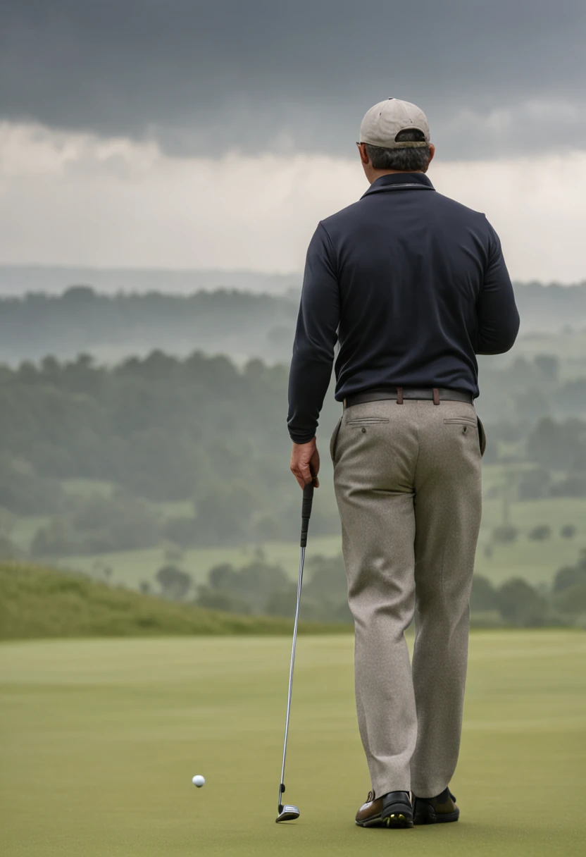 detailed photo, medium shot from behind of a golfer walking down a fairway wearing golf clothes, the sky has rain clouds, there is a giant male figure like a shadow in the distance on the left side of the frame looking down at him