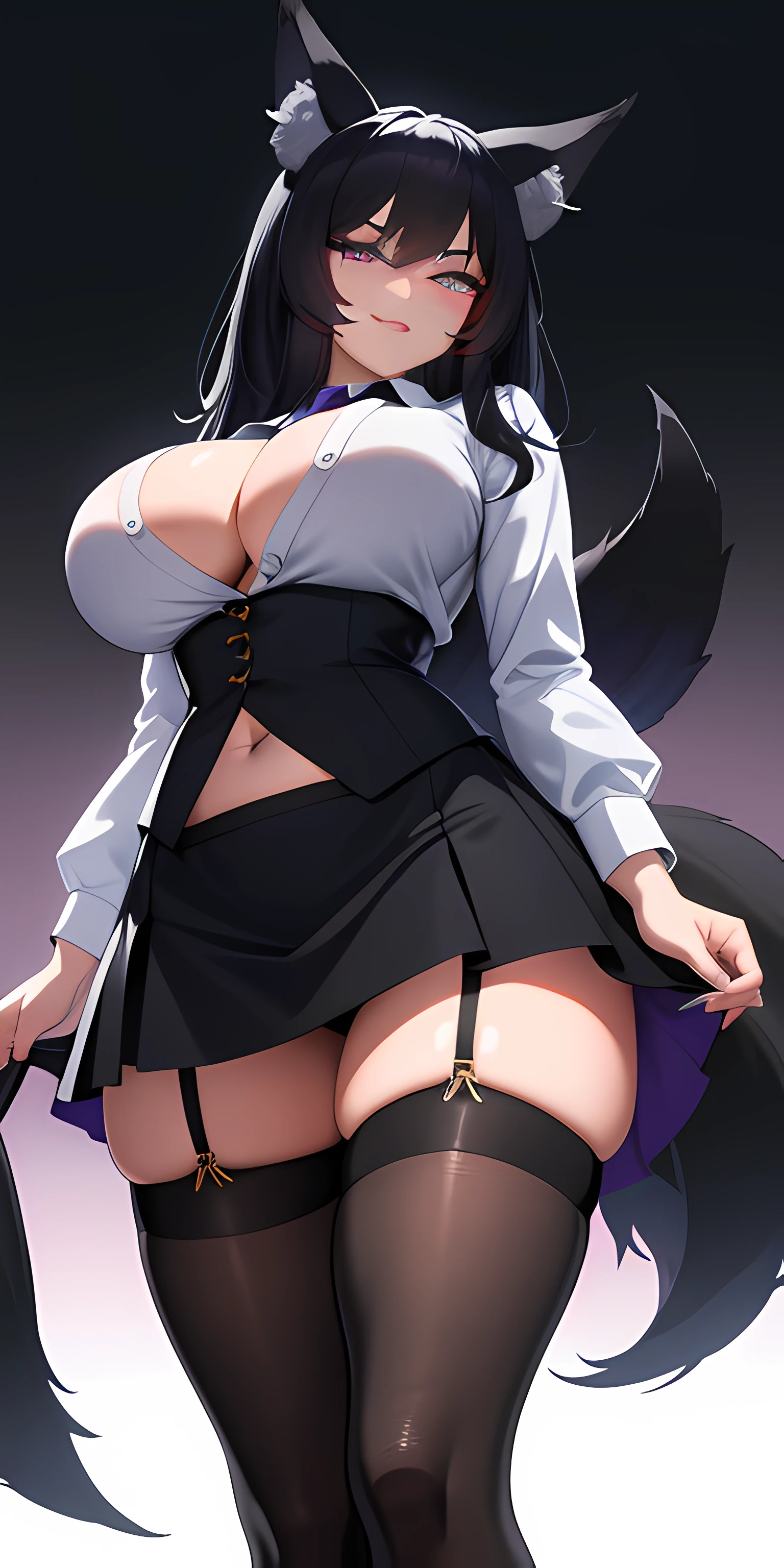 ((masterpiece)), best quality, ultra-detailed, intricate details, tone mapping, sharp focus, hyper detailed, high res, volumetric lighting, 8k uhd, ((1girl)), ((((black fox ears)))), fox girl, ((long black hair)), ((violet eyes)), ((smug)), (business shirt), skirt, ((black stockings)), navel, ribs, cleavage, shiny smooth perfect skin, (((large breasts))), skinny, evil smile, ((from below))