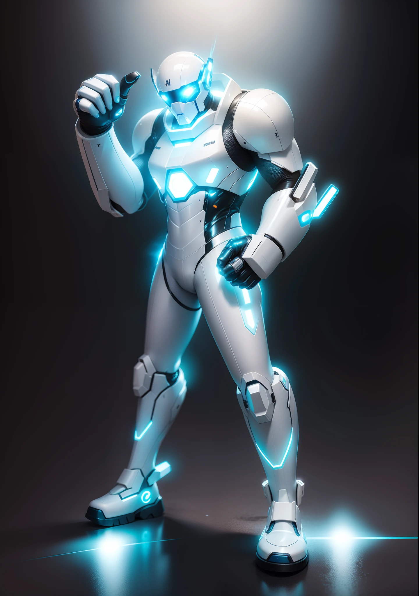 Full body cyber man. Bright white color to show she's a cyber girl whit laser rifle. white eyebrows. clothing like catsuit. he also has bright blue eyes. The environment is terminator like. Hair is platina. he is lit with the bright blue color on one side of his face. Led like. And both hands have the led light too.
