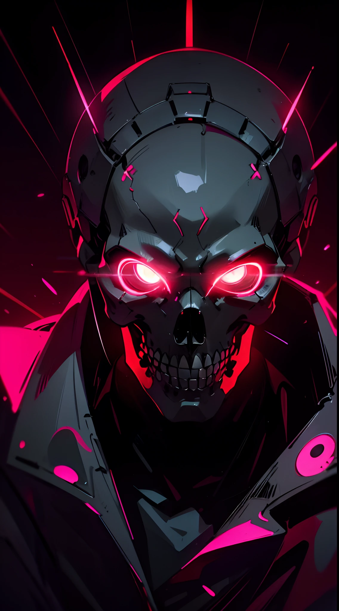 Cyberpunk punk skull in a background filled with darkness, neon red eyes highlighting its color above the others as if it were glowing brightly. Dark image background