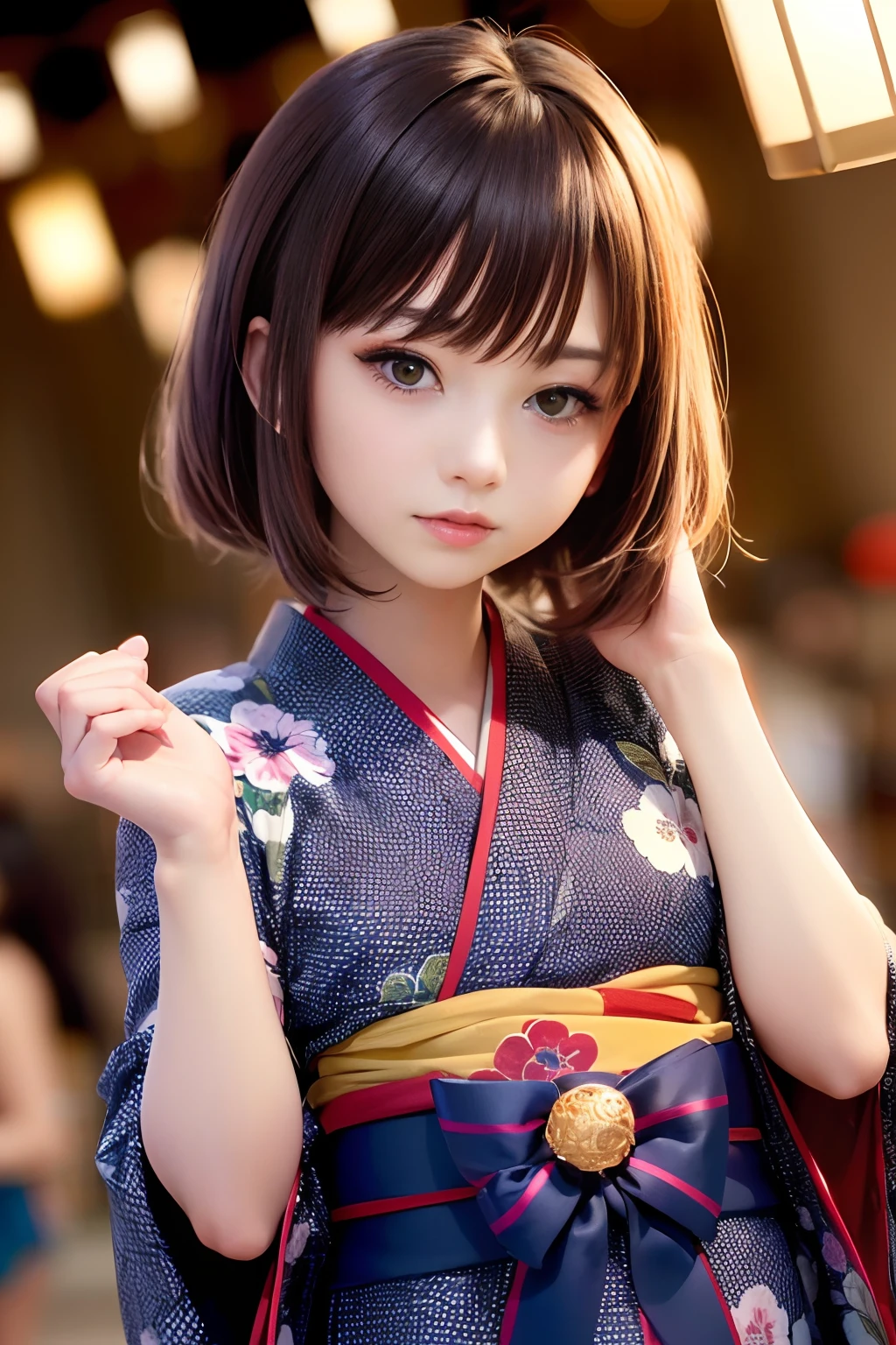 Upper body from the waist up、Are sleeping、nap、(Sleeping with your eyes closed)、(4In K、masterpiece、hight resolution、Realistic and beautiful light and shadow、One girl、Solo Focus、(top-quality)、(Hi-Res)、(extremely delicate and beautiful)、(Beautiful 8k face)、(Brown-eyed)、(I close my eyes while smiling.)、(独奏)、(Clear skin)、(Soft hair)、(hugetits)、(Plaid kimono, Red and blue floral yukata)、((Awa Odori Pose))、((Bokeh lantern light night background))、((speedo))、(reality)、thin and small nose、(red lipsticks)、(Reddening cheeks)、poneyTail、(Lustrous skin)、((Ukiyo-e style))、Ultra-thin eyebrows、Ultra high image quality、(Wearing maiko-style makeup)、skin whitening、long and beautiful lashes、Turning around in the style of a Kyoto magazine model、((s asleep))、Lustrous skin、(Red-dyed cheeks)