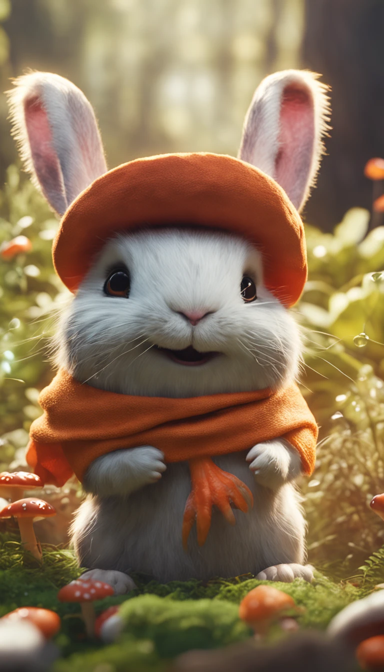 adorable creature，Similar to a mixture of rabbit and carrot, Adorable, Cute, Furry, Fluffy, forest, Mushrooms, Wear a mushroom hat