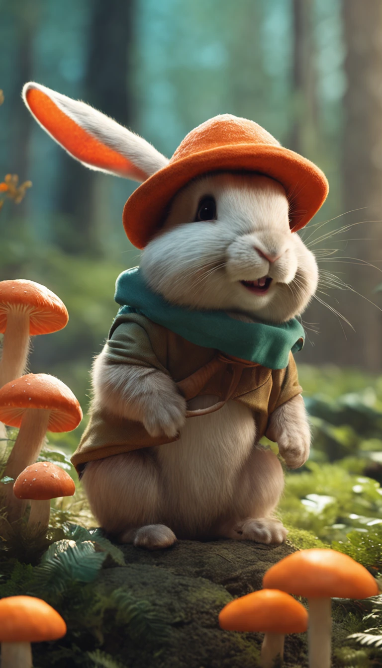 adorable creature，Similar to a mixture of rabbit and carrot, Adorable, Cute, Furry, Fluffy, forest, Mushrooms, Wear a mushroom hat