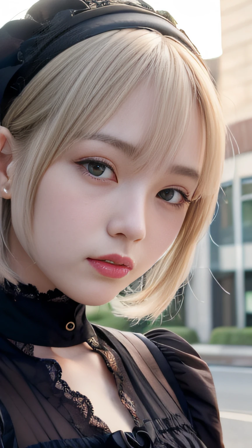 (masutepiece, Best Quality:1.2), 8K, 85 mm, Official art, silber hair,Raw photo, absurderes, Platinum Blonde Hair, (Blue eyes, ta Fashion, sweetlolita, Gothic, Dress:1.2), Idol face, Close-up shot, Beautiful Girl, gardeniass, Copenhagen, Short sleeve, Elegance, Sophisticated, gardenia, facing front、Looking at Viewer, Film grain, chromatic abberation, Sharp Focus, face lights, Dynamic lighting, Cinematic lighting, Detailed face, Big city background
