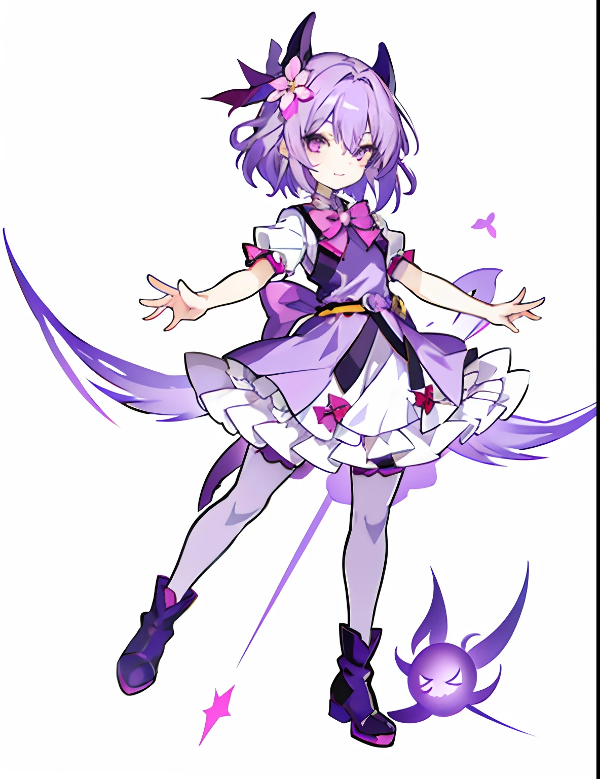 masterpiece, amber color eyes, simple boots, white bowtie, short hair, happy, playful, anime girl in a purple dress and boots with a bow, touhou character, anime moe artstyle, single character full body, anime style character, anime character, lilac hair, pink flower hairpin, white bow, white undershirt, purple vest, belt, full body single character, as an anime character, light lilac pants, full body character, loli in dress, loli, full body, dynamic pose, short, child, young girl, winking, dark purple dress, ghastly ???, ghost elemental swirling background