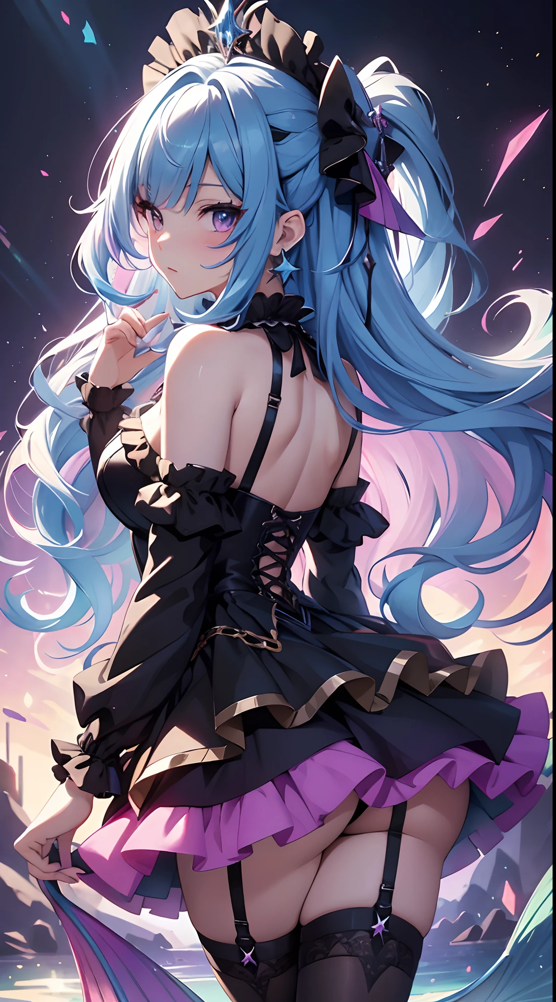 best qualityer,tmasterpiece,Ultimate resolution,downy,Extremely colorful,Colorful,posing from behind Mermaid princess,ta dress,Black suspender stockings,starrysky,Bigchest