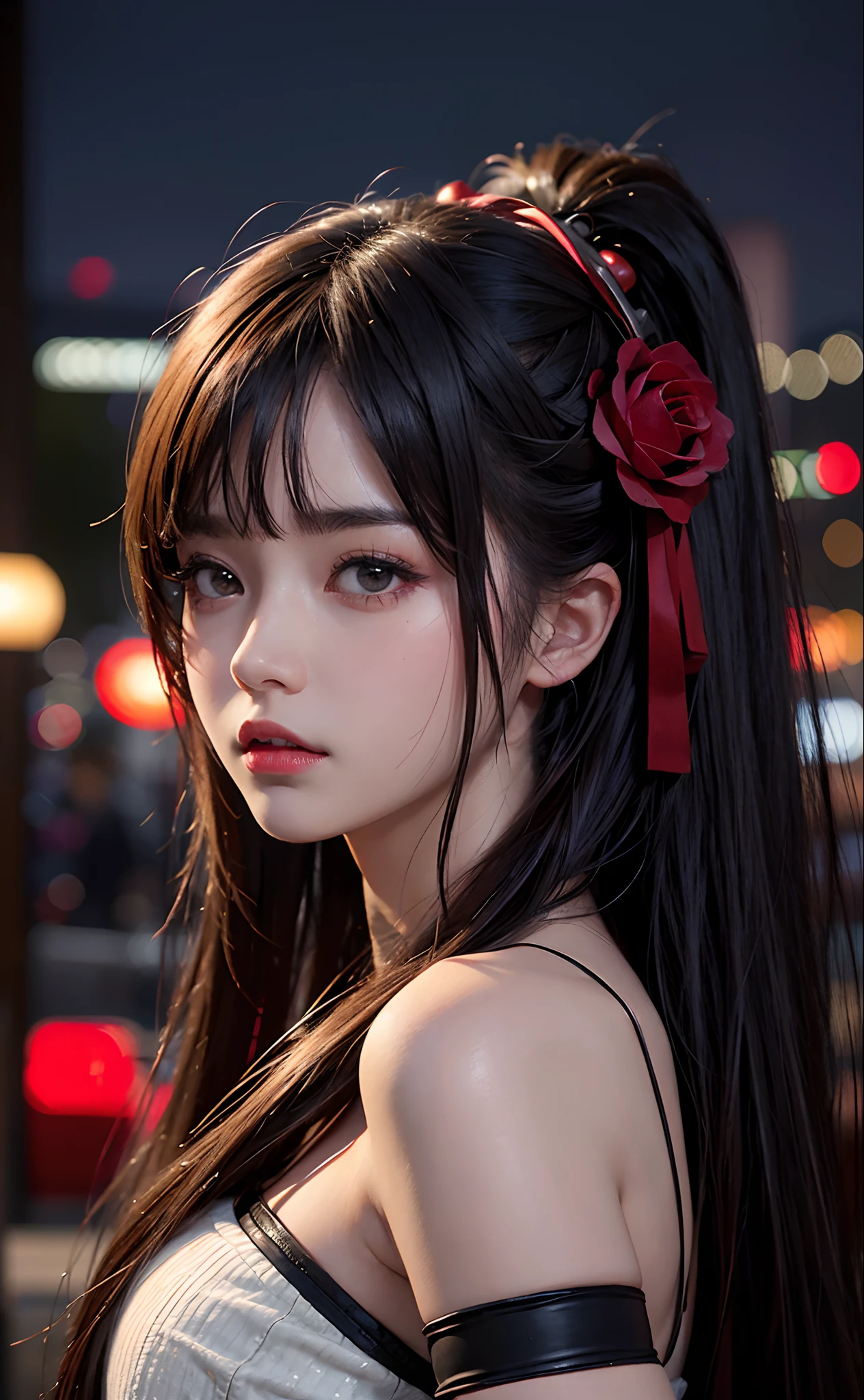 1girl, Tokyo street,night, cityscape,city lights, upper body,close-up, 8k, RAW photo, best quality, masterpiece,realistic, photo-realistic,headgear of red rose, parted bangs, long hair,