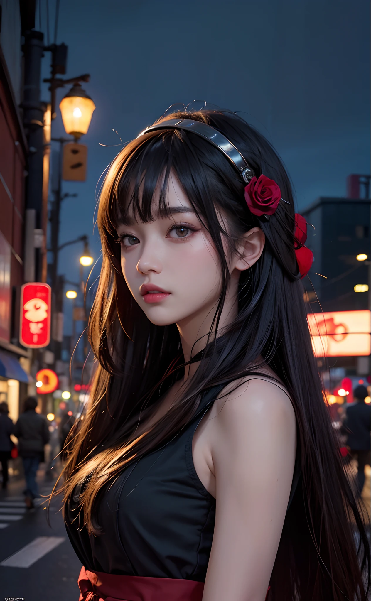 1girl, Tokyo street,night, cityscape,city lights, upper body,close-up, 8k, RAW photo, best quality, masterpiece,realistic, photo-realistic,headgear of red rose, parted bangs, long hair,