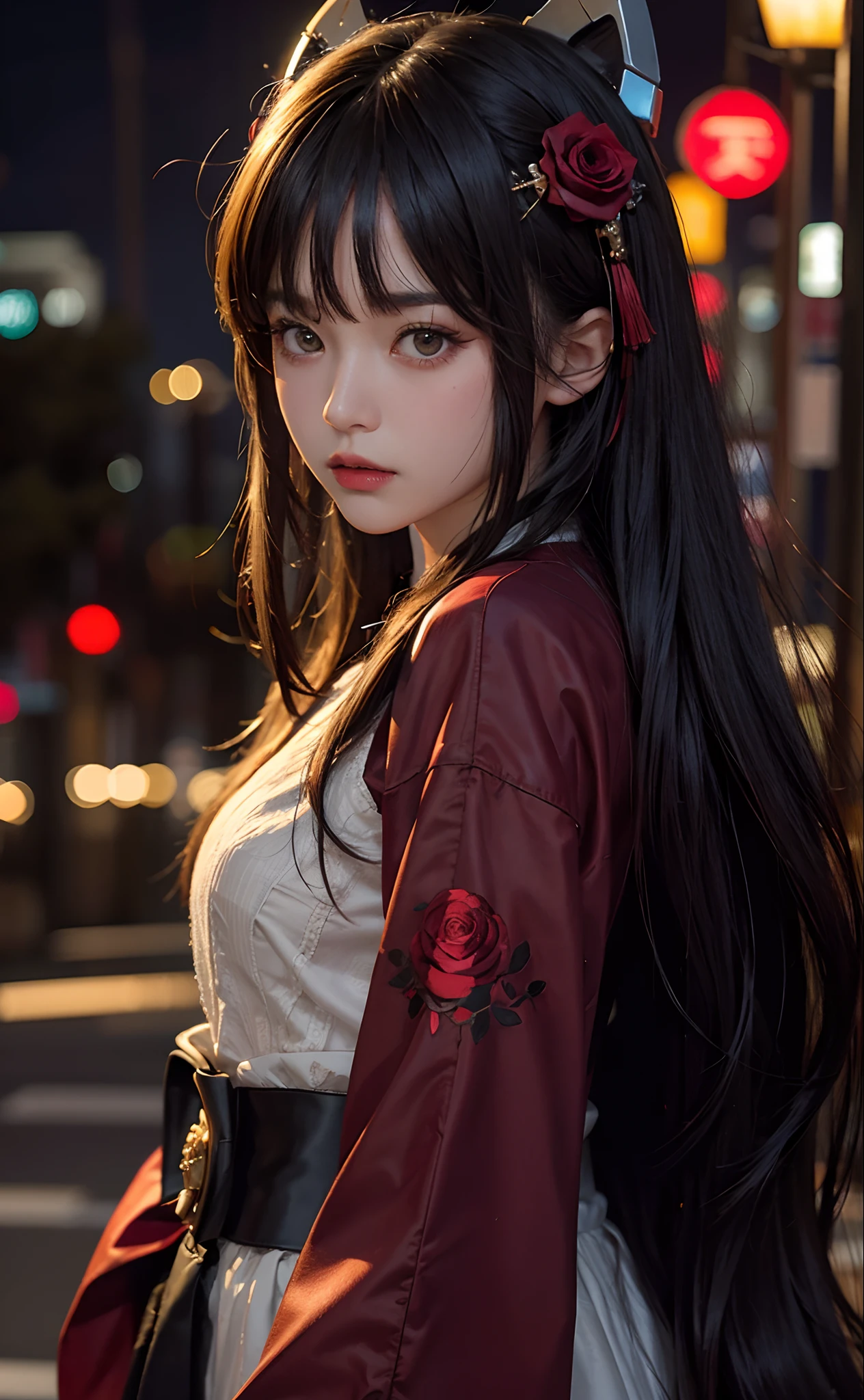 1girl, Tokyo street,night, cityscape,city lights, upper body,close-up, 8k, RAW photo, best quality, masterpiece,realistic, photo-realistic,headgear of red rose, parted bangs, long hair,