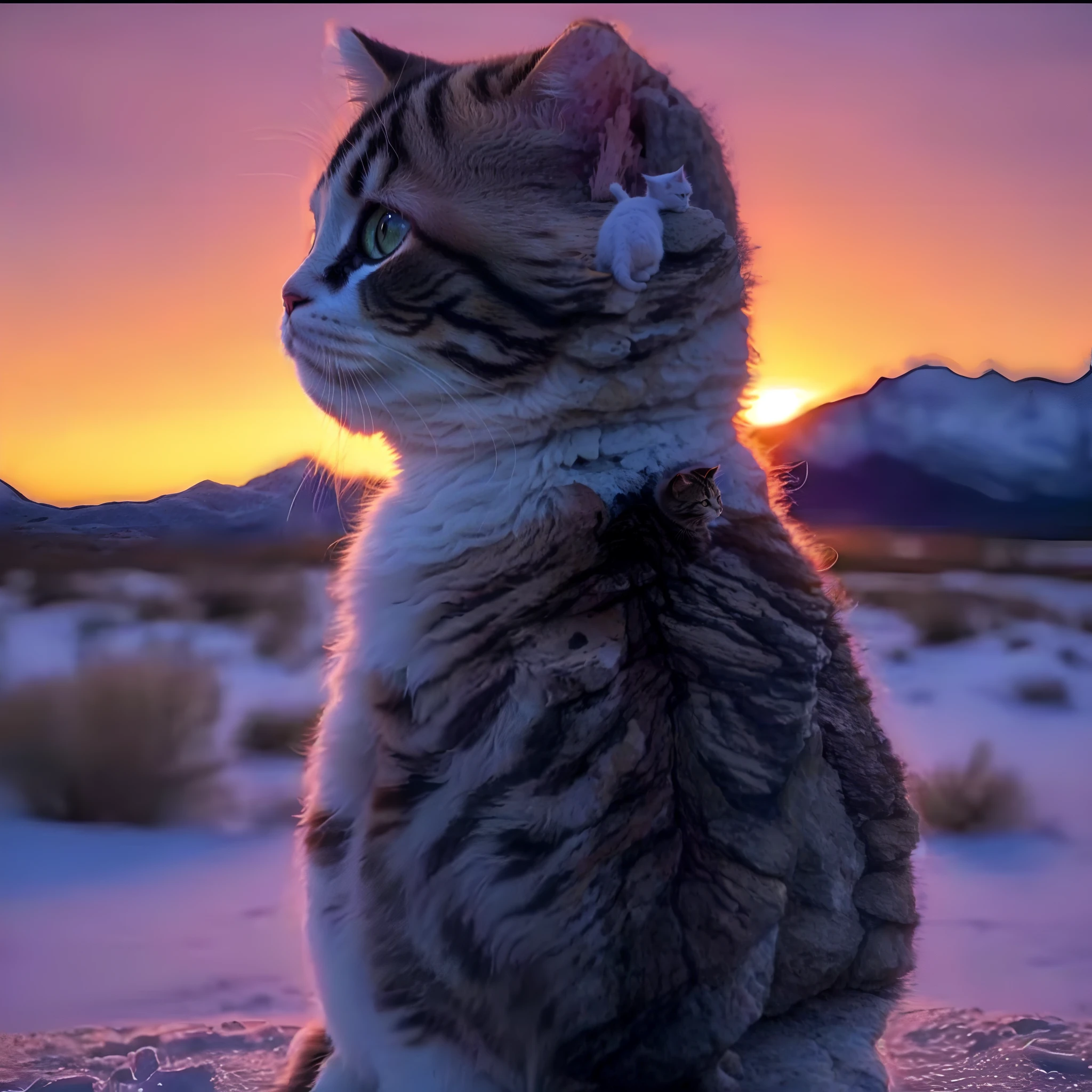There was a cat sitting on a rock watching the sunset, looking out at a sunset, watching the sunset, at a beautiful sunset, A cute cat, Cute cat, Cute kitten, the cutest kitten ever, cute cute, beautiful cat, watching the sunset, a cute little cat, awesome cat, warm beautiful scene, beautiful sunset glow, In the sunset
