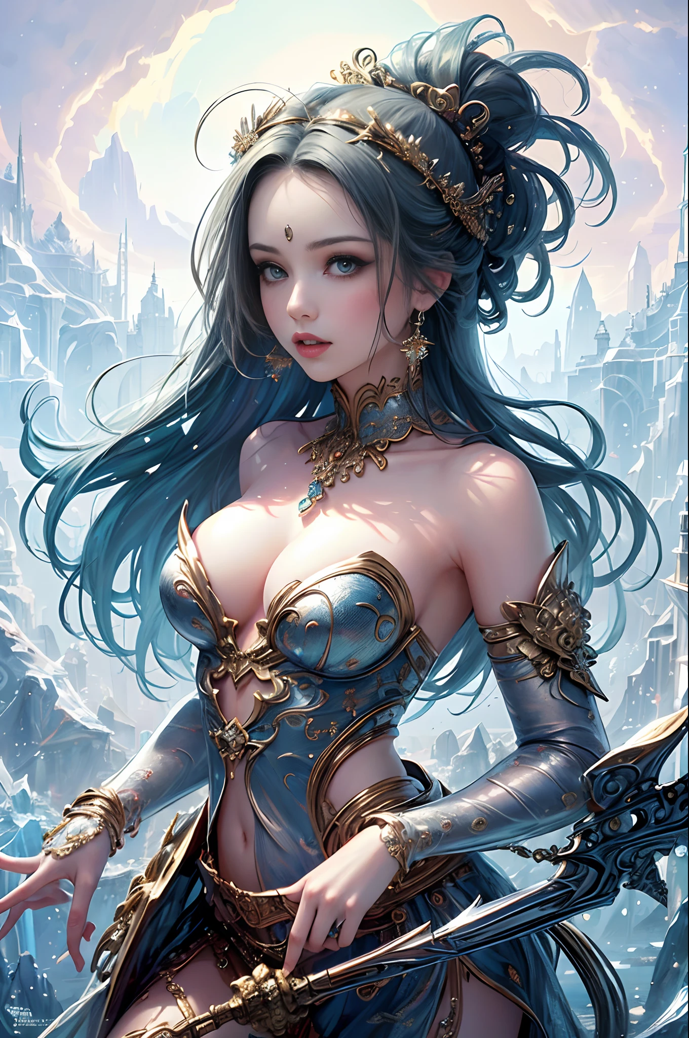 (masterpiece, top quality, best quality, official art, beautiful and aesthetic:1.2), (1 fantasy girl), long shapeless hair, extremely detailed, ornate jewellery, fantastical background, (fractal art:1.3),colorful,highest detail.