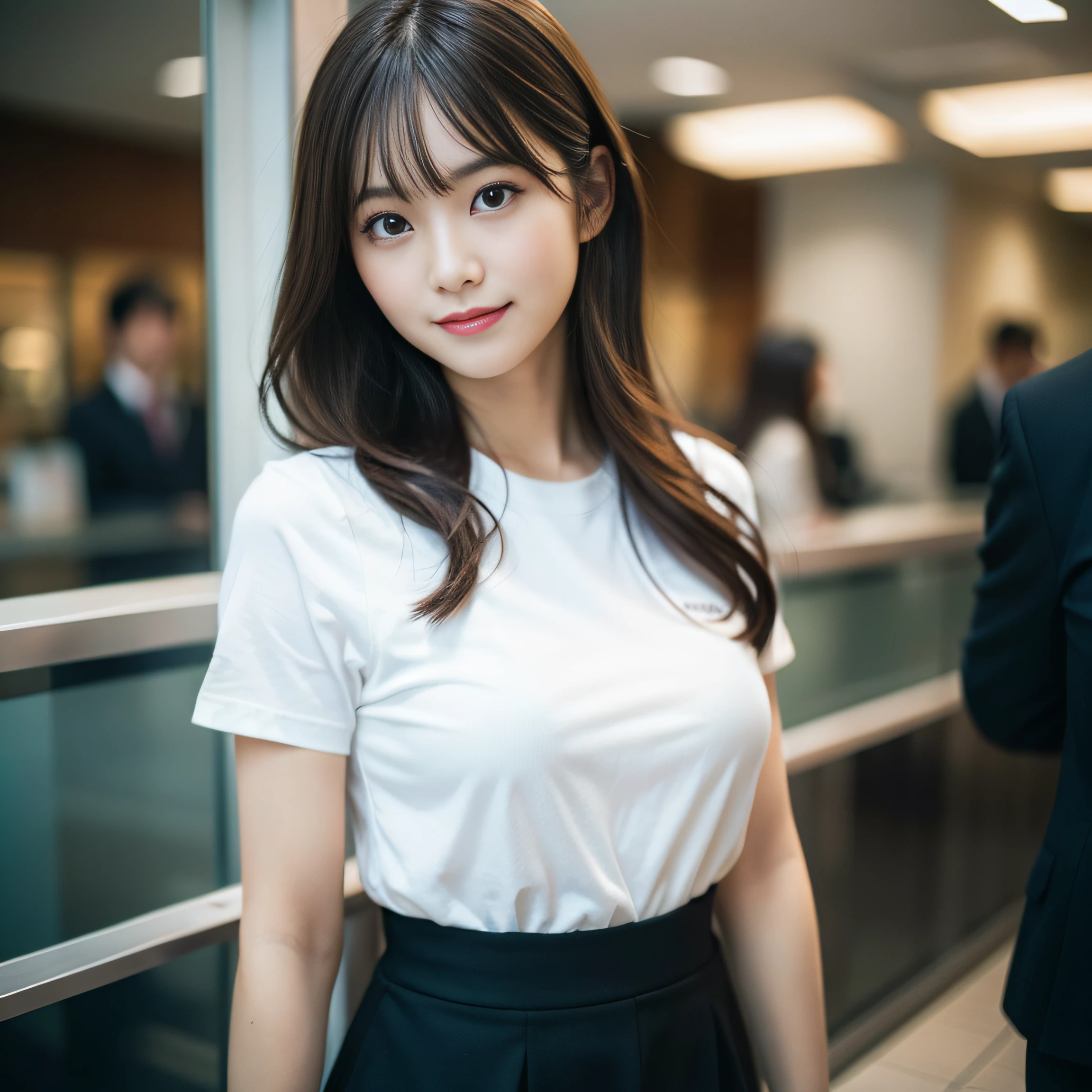 Beautiful black eyes、dual、natural skin textures:1.8, realistic eyes and face details:1.7、middlebreasts、in 8K,Best Quality:1.4, 超A high resolution:1.5, (Photorealistic:1.4),masterpiece:1.2,(top-quality:1.4)、 Raw photo、 (the background is blurred), 1日本人の女の子, Cute, FULL BODYSHOT:1.6、From the knee up、beauty legs、tight skirts、(Solo:1.4), (Shy smile), Smooth skin、 (Brown medium hair,Bangs),nogizaka,Beautiful body, medium breasts, Navy Business Suit,Office, Secretary, White T-shirt, ID Card Holder, ID Badge Holder,Inside the Shinkansen