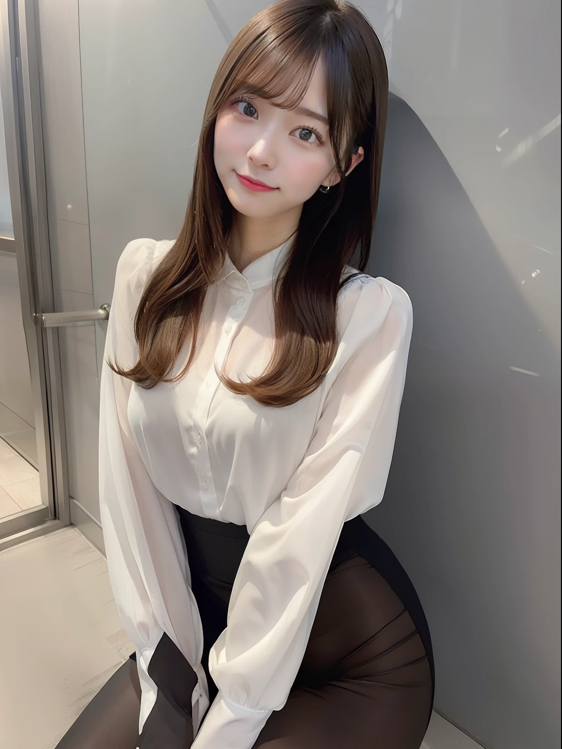 One girl sitting on a chair in office、top-quality、Beautiful fece、Beautiful fece、Stylish details、nffsw、Unity、8k wallpaper、magnifica、Stylish details、Beautiful fece、top-quality、Official art、Detailed AJC Unity 8K Wallpapers、absurderes、unholy、unbelievable Ridiculous、huge filesize、A highly detailed、Girl with beautiful details、extremely detailed eye and face、beautidful eyes、Brown eyes、(Raw photography、top-quality)、(真实感、真实感:1.3)、Light on the Face、1 girl in、full body Esbian、The whole body is reflected、Beautiful fingertips、Long sleeve blouse、selphie、selfee、fully body photo、(Business suits、Gentleman's clothes、pantyhose、Office Coordination、real face、tight skirts)、(dark brown hair:1)、Lightly curls the long hair under the chest、Puffy eyes、tiny chest、breasts are small、breasts are modest,、A slender、bangss、(background against the wall)、(relax)、Doing work、looking at the spectator、Facing the wall forward、With a smile、Cool、