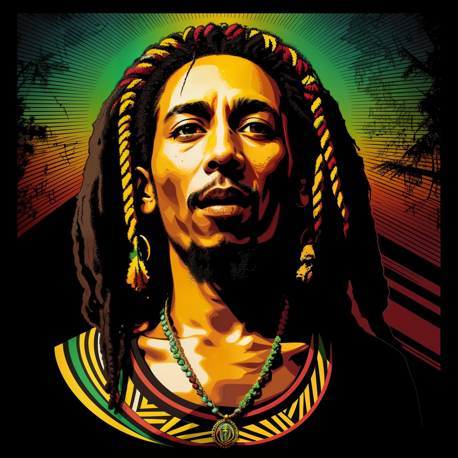 T-Shirt Art, 2D, (Black Background: 1, 5)), Vector, Vivid Colors, Rasta (Bob Marley) Outfit Character, Masterpiece,
Best Quality, Intricate Details, Perfect Symmetric Face, Realistic Details, Gothic Theme, Rim Light, Moonlight,
Cinematic Shading, Greg Rutkowisk