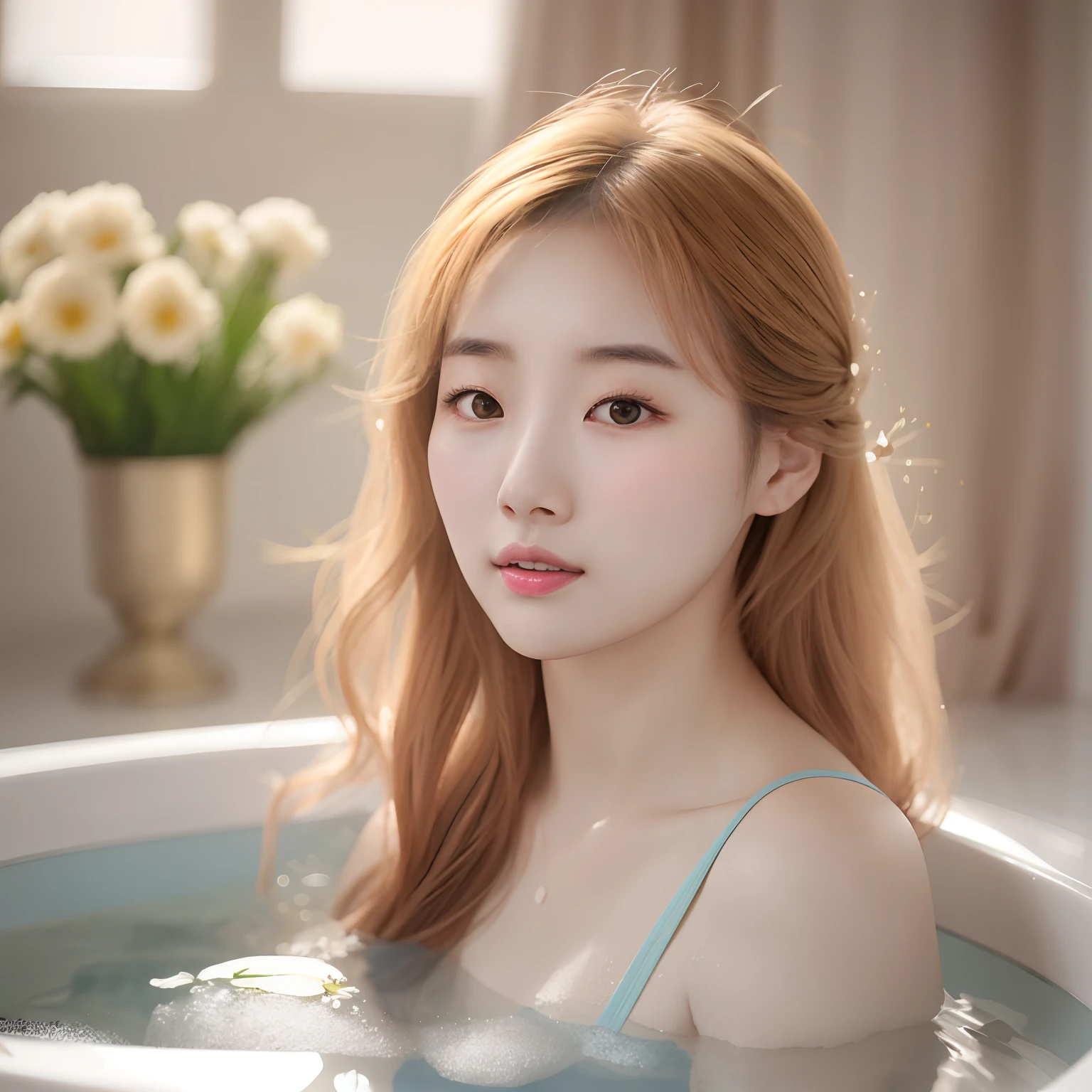 There was a woman sitting in a bathtub with flowers, Soft portrait shot 8 K, 8K Artgerm bokeh, Ethereal beauty, Shin Jinying, Beautiful young Korean woman, beautiful Korean women, Gorgeous young Korean woman, popular korean makeup, cute delicate face, beautiful portrait image, Soft ethereal lighting, cute korean actress