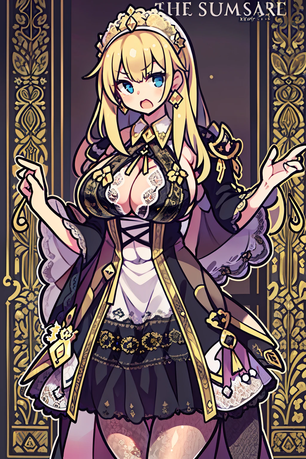 tmasterpiece, best qualtiy, Rich in detail ,(1 girl 1.5),Pathetic look,(baby girl 1.5),(14years),full body Esbian,Plump body,stereograms, high details, hyper HD, ccurate,(Michaela 2.5),(Blonde 1.5),side braids,Smudge,(Hazy Beauty 1.5),Wearing a gorgeous lace black and white cloak,((((Blonde 2.5)))),Wear a gorgeous black and white dress,(The dress has gold lace trim:1.5),The dress has a sheer silk lining,blue color eyes,during the day,In the wild,White stockings with white lace