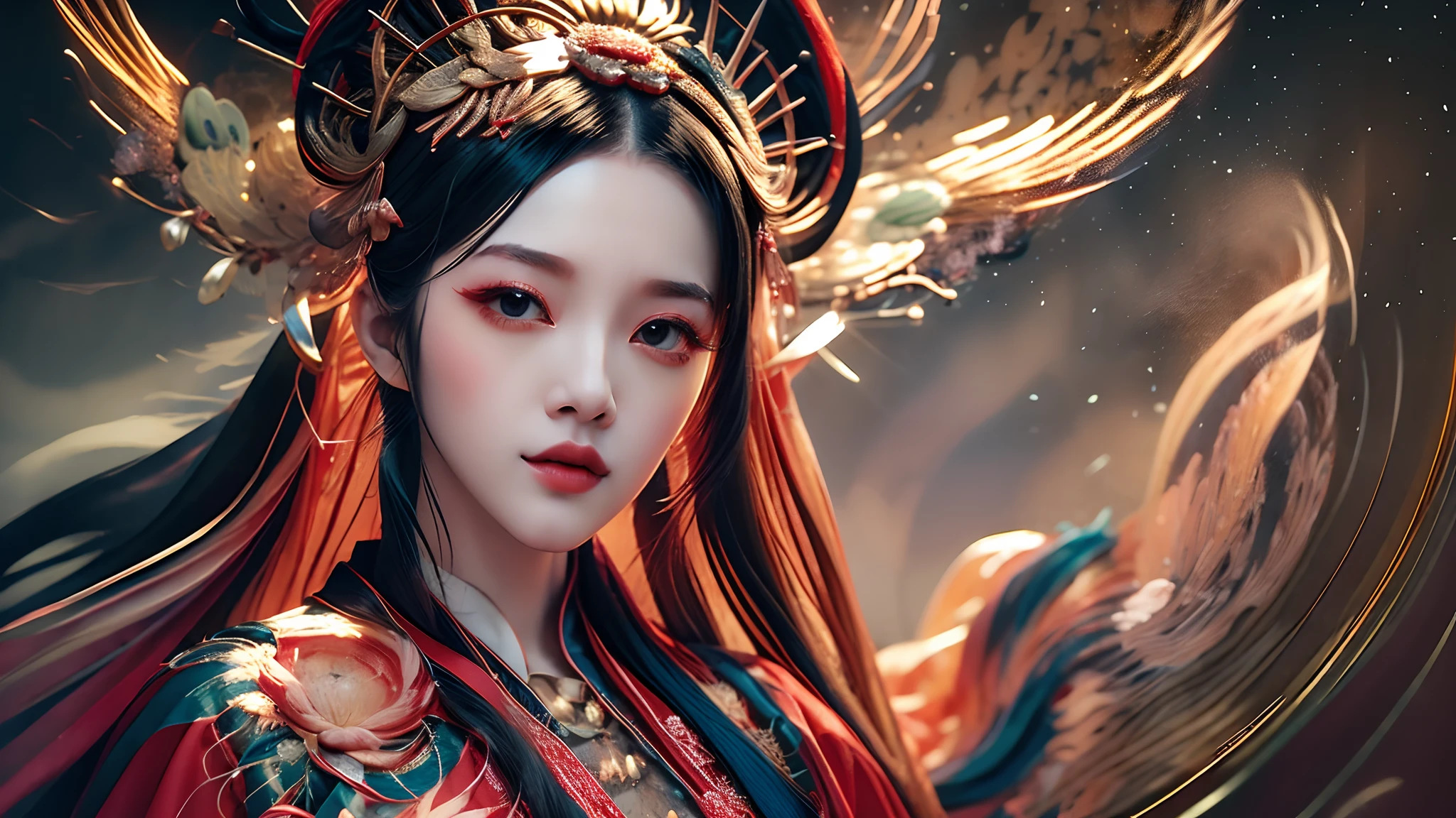 In this super grand scene,The wide-angle lens captures a striking picture。Two figures stand at opposite ends of the picture,The background is the collapse of heaven and earth,The lying corpses of the Heavenly Immortal Buddhas were as large as mountains, stretching across the void boundlessly,The golden sea of blood stretched to the sky,The Avenue of the Three Realms was broken,And in the boundless chaotic darkness。Above all,The figure of the weaver girl is graceful,Stand at this dark end,Like a blazing flame in the night,Like the goddess of darkness in a fairyland,Her presence exudes a majestic and majestic evil aura。She holds the Pauline lamp in her left hand,This is an artifact that symbolizes life and guardianship,The gentle glow of the lamp illuminates the cowherd,The right hand holds the heaven-opening axe,It was an ancient artifact that opened the world,The lines on the blade of the axe reveal ancient authority。There was fanaticism and determination in her eyes,As if a warrior in the dark,Do whatever it takes for some kind of goal,It seems to be an existence with endless wisdom。And across from her,It was the cowherd wearing a black robe,The black and yellow giant bull's head shadow stood behind him。This black scalper is huge,Carrying heavy history and strength。Its horns shone with a grim glow,It symbolizes an unshakable and firm will。His gaze is deep and powerful,As if it can penetrate the darkness,Find the light of hope。His battle robe fluttered in the wind,Reveals his bravery and determination。In front of it all,A thousand-square-foot high Magpie Bridge spans the void,Connecting darkness and light,It is a bridge beyond time and space built by countless hopes and loves incarnated as magpies。The Magpie Bridge emits a starry river,Like the last light between heaven and earth,A glimmer of hope for a world shrouded in destruction and darkness。The cowherd and the blackened seven fairies looked at each other and laughed,The eyes are full of tacit understanding and