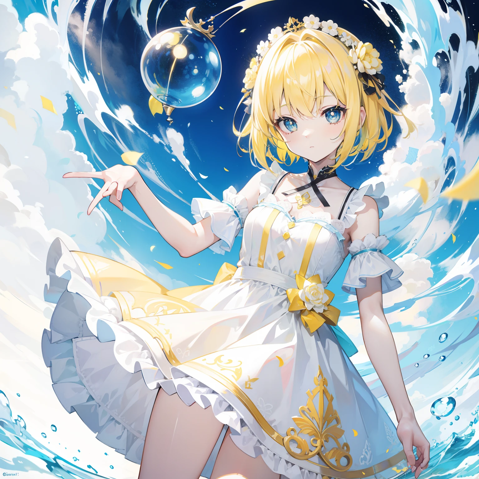 Short bright light yellow hair,Pale yellow pupils,There are some light blue ornaments,Cute cute girl,shift dresses