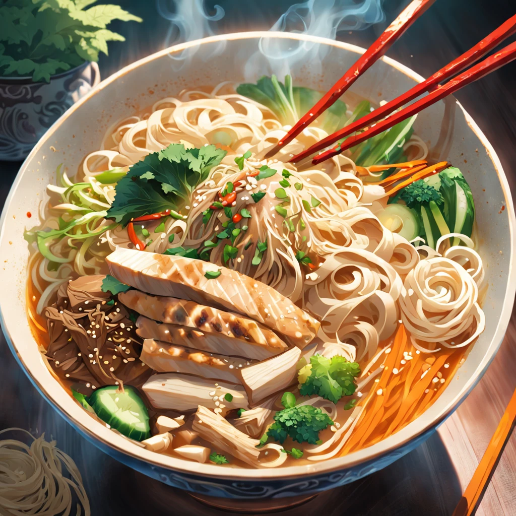 A steaming bowl of Asian noodles, Garnish with colorful vegetables and herbs.