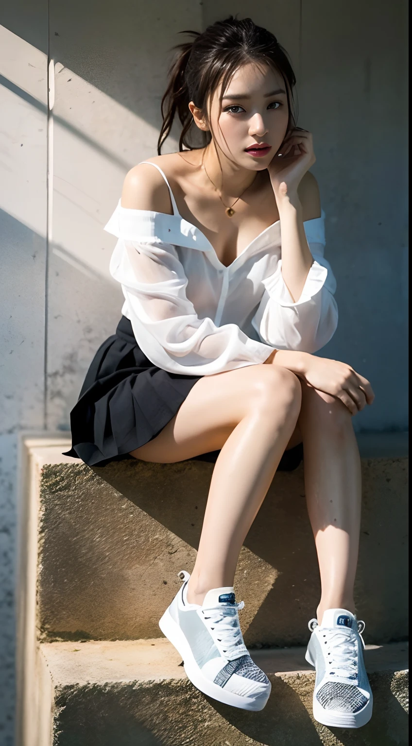 ((Best picture quality, 8K, tmasterpiece:1.3)), 1girll, Casual hairstyle, (off-shoulder blouse,Short pleated skirt:1.3),(wet see through clothes:1.4),Ultra-fine face, A detailed eye, 二重まぶた,(long leges:1.4),(athletic sneakers:1.3)Erlang legs,Sit sideways on a high platform