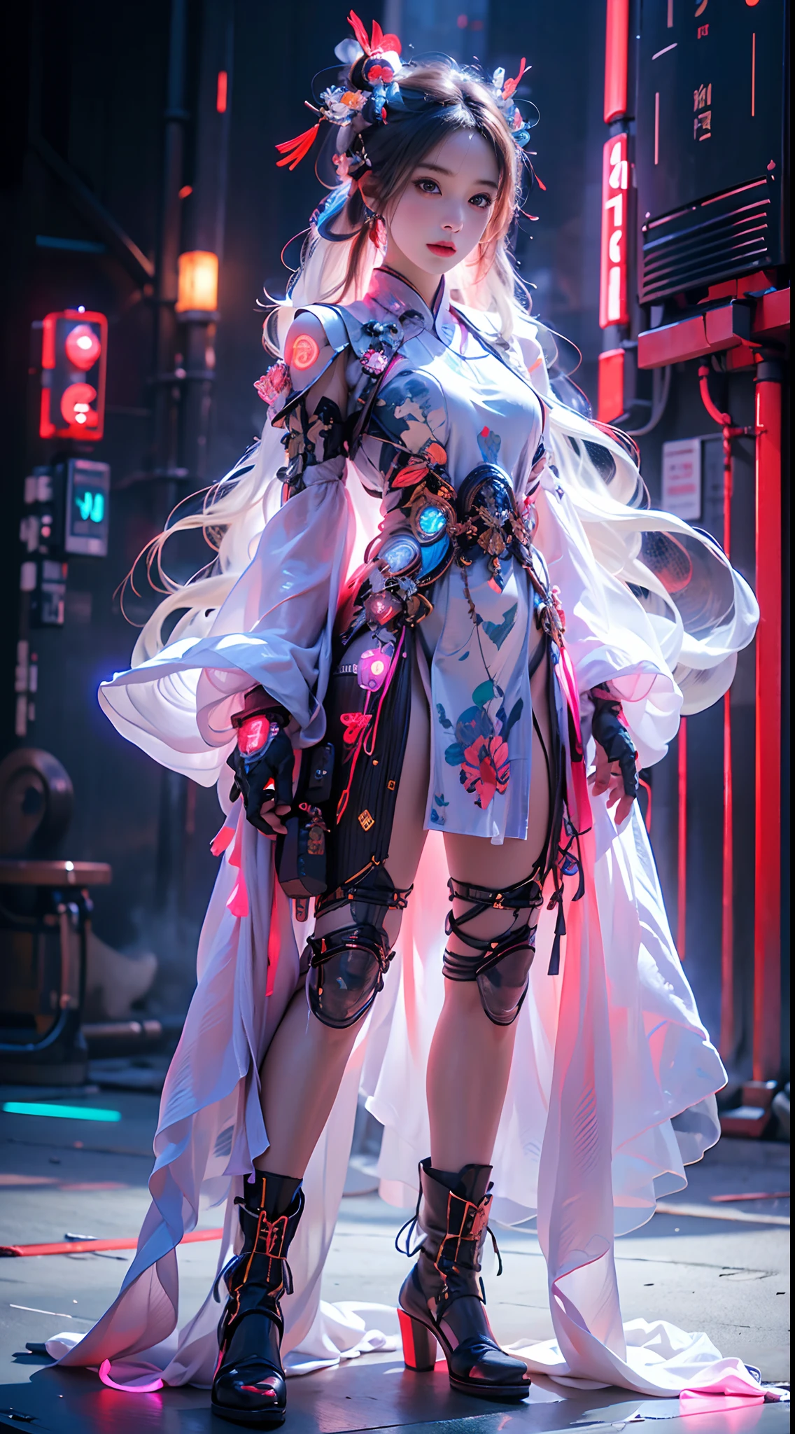 1 girl solo, perfect_hand, (8k, RAW photo, best quality, masterpiece:1.2), (realistic, photo-realistic:1.4), (extremely detailed CG unity 8k wallpaper),full body, (neon lights), machop, mechanical arms, hanfu, Chinese clothes, dress,