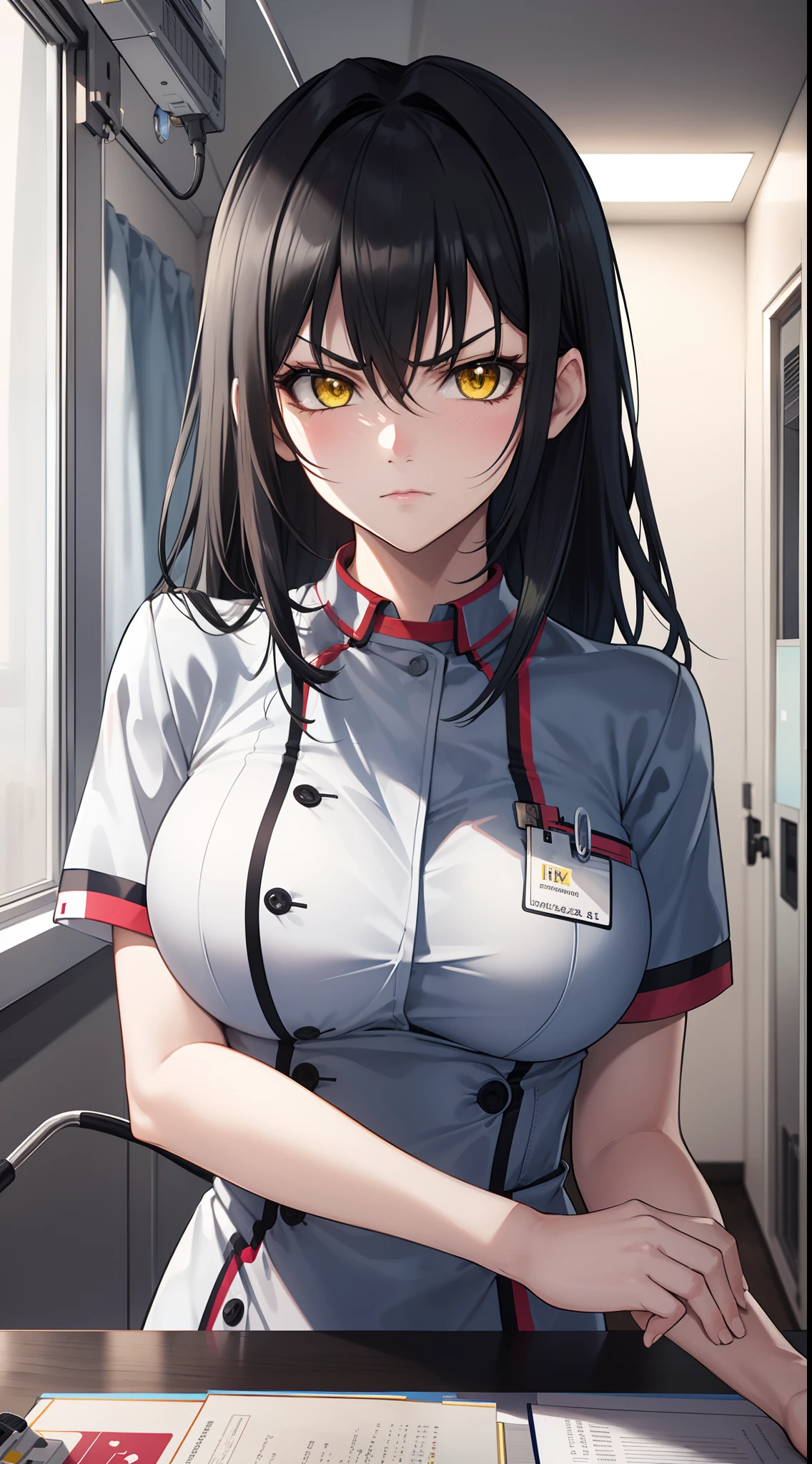 professional artwork, Intricate Details, field of view, sharp focus, detailed painting, photorealistic lighting, trending on pixiv,(masterpiece:1.0),(best_quality:1.0), ultra high res, ultra-detailed, photography, 8K, HDR, highres, absurdres:1.2, Kodak portra 400, film grain, sharp focus, bokeh:1.2, lens flare, (vibrant_color:1.2), (((indoors, hospital details))), Annerose, 1girl, female mature, black hair, long hair, (yellow eyes), large breasts, nurse, nurse outfit, higheels, soft skin, hair intakes, (solo:1.4), (upper body, half body shot, covered breasts), angry and shy, angry and shy face