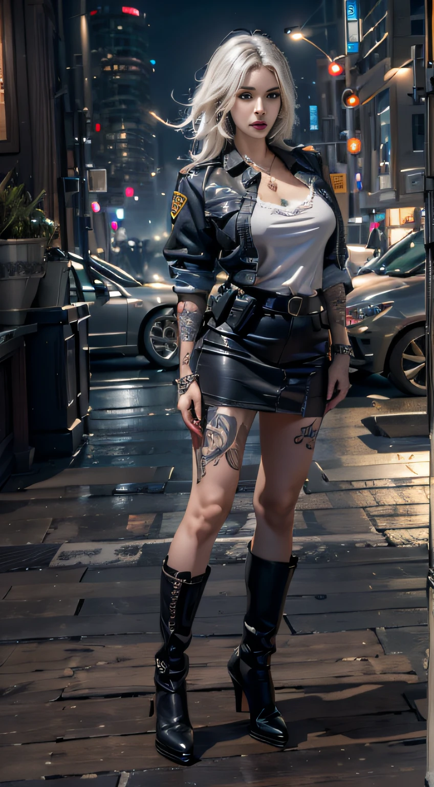 Photorealistic, high resolution, Soft light,1womanl, Solo, Hips up, (Detailed face),tattoo, jewelry, Night City, Police uniform, White hair，Half kneeling，Long spread legs，Half kneeling，Long spread legs，Short white lace skirt，