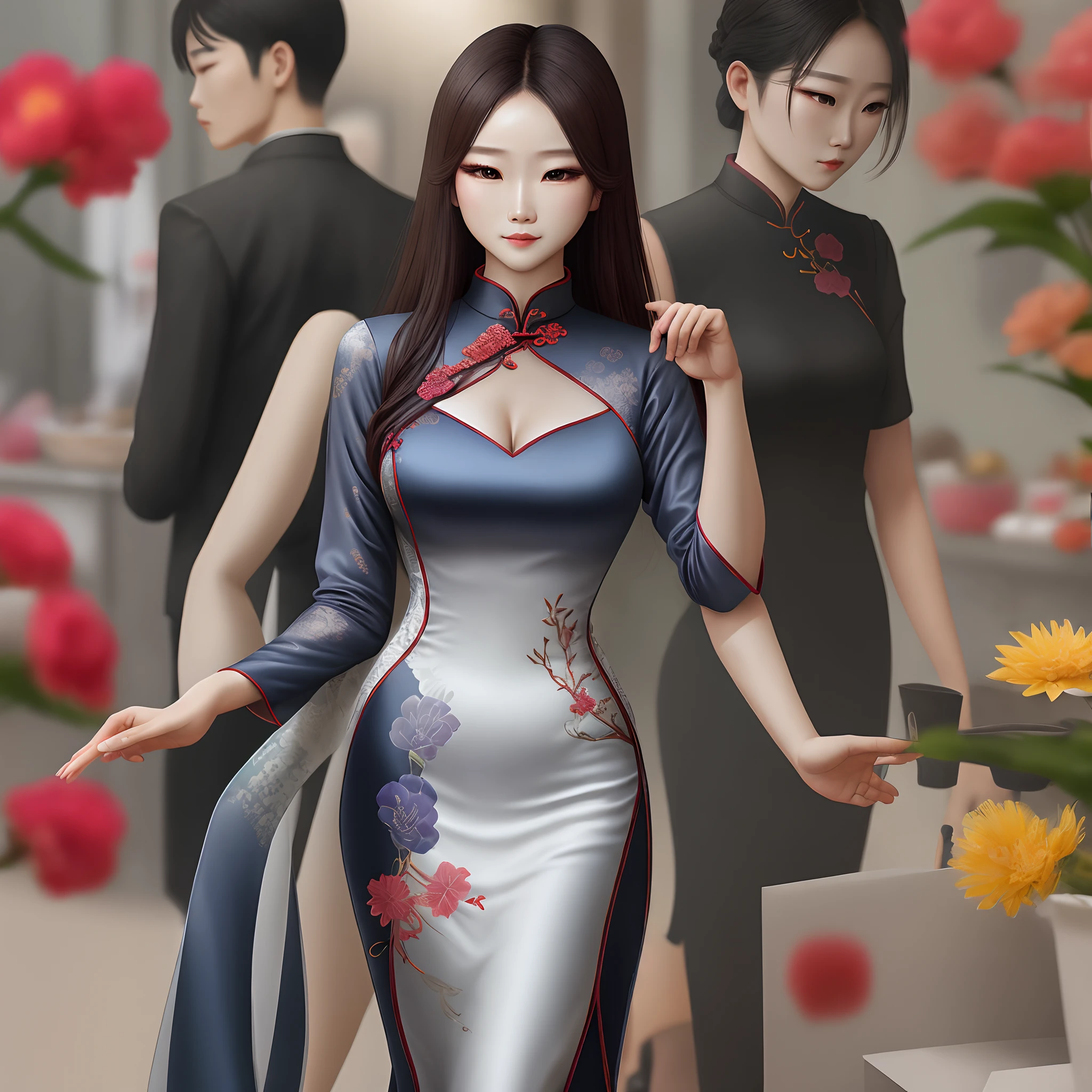 pair
Cheongsam with long legs women and men in muscular loincloths with short legs