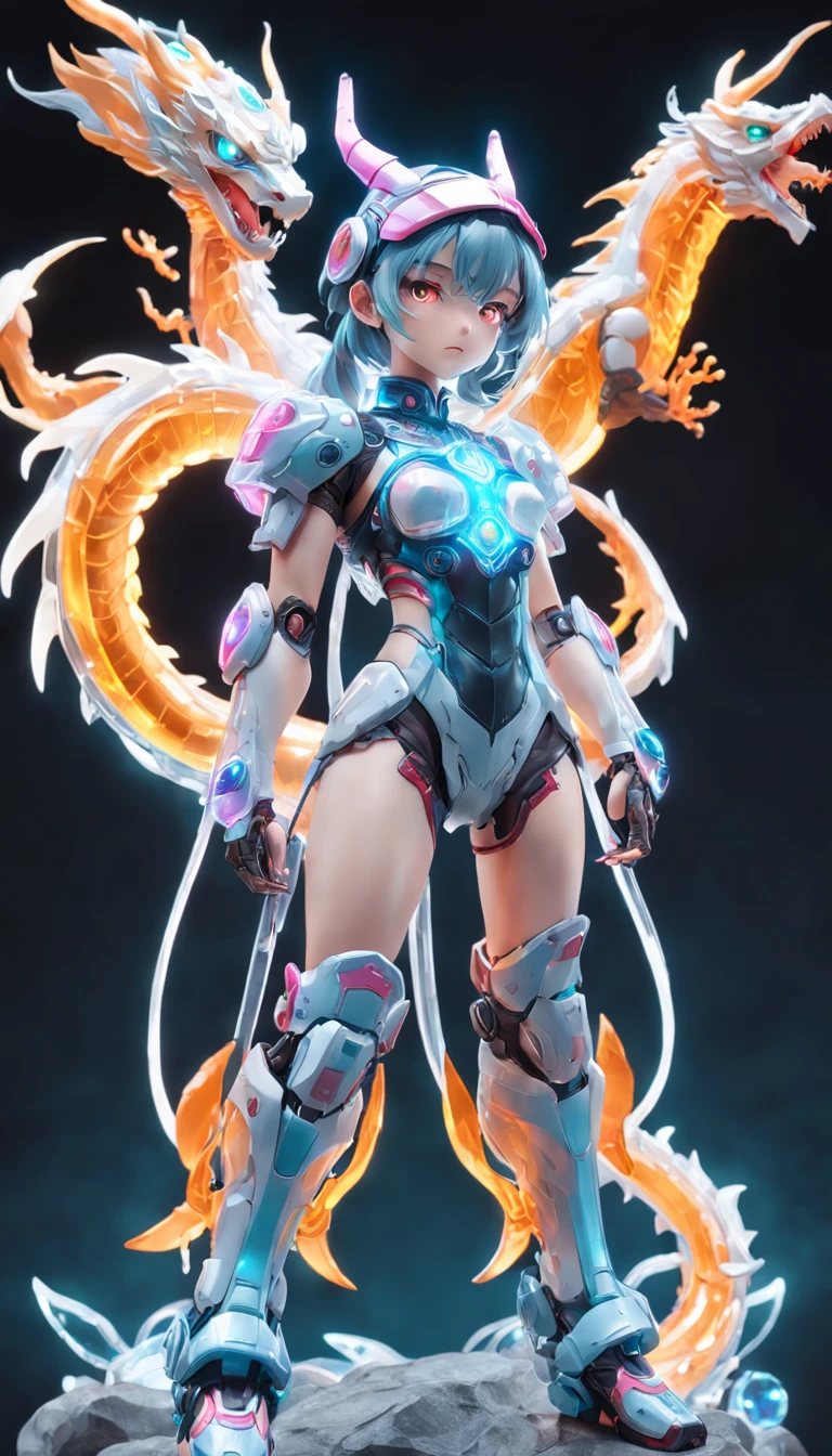 chinesedragon, (Blind box toy style:1.2), (Full body shot) , 1 Transparent adult female elf,Behind her is 2 transparent Chinese dragon, Transparent mech, Exquisite helmet:1.2, Luminous goggles:1.2, Cyberpunk, dreamy glow, luminous neon lights, Clean, White background, ( Global illumination, Ray traching, hdr, unreal render,reasonable design, high detal, Masterpiece, Best quality, hyper HD, Cinematic lighting)