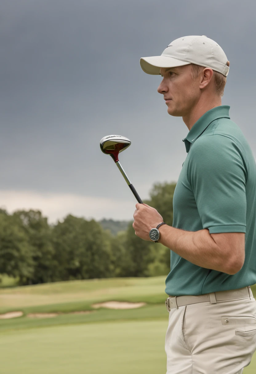 detailed photo, far shot from behind of a male golfer with blonde hair walking down a fairway wearing golf clothes, he is holding one golf club in his right hand, the sky has rain clouds, there is a giant male figure like a shadow in the distance on the left side of the frame looking down at him