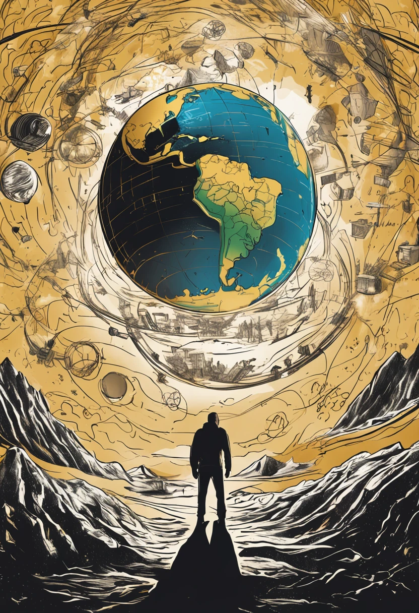 planet earth, in a single sphere, with real information of the continents, drawn image, in 2 colors, gold and black, for logo use