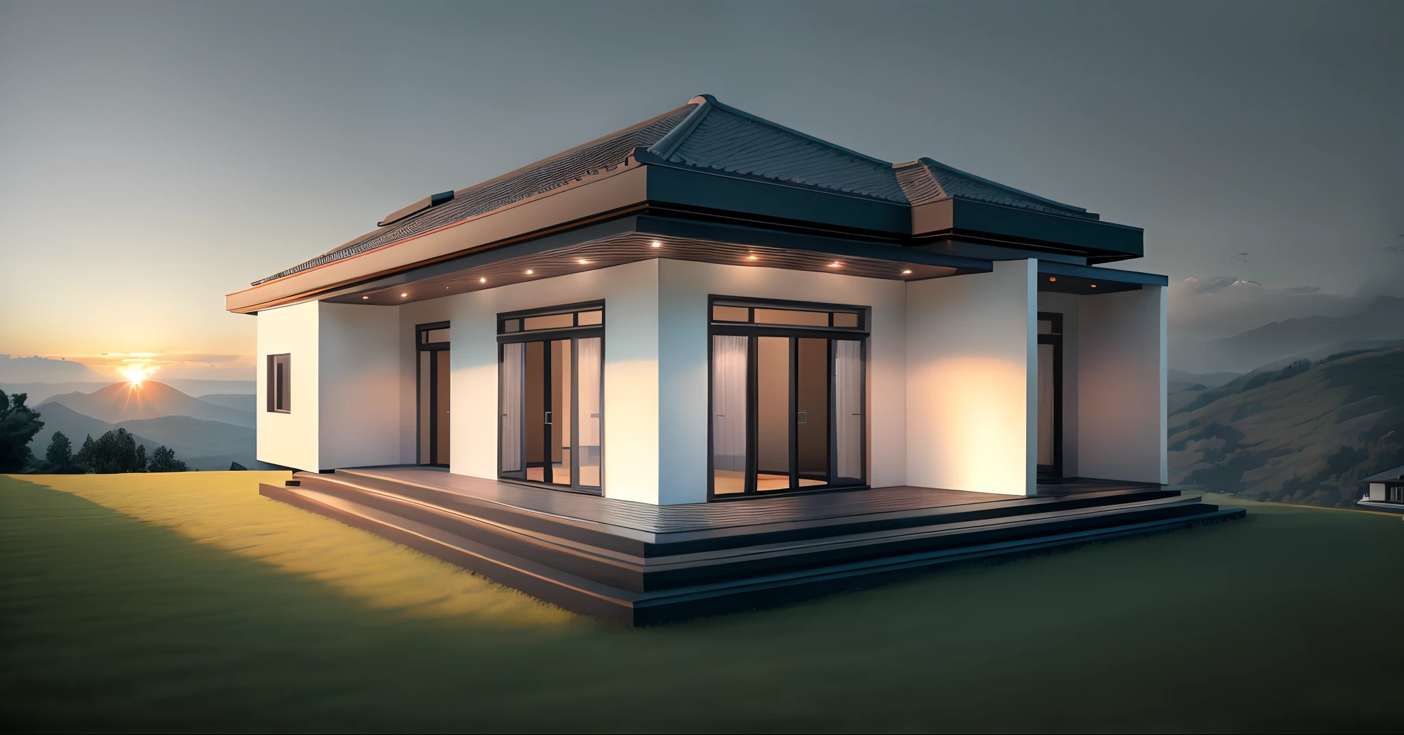 RAW photo, Masterpiece, high quality, best quality, realistic, super detailed, exterior,
an modern style villa in garden on the mountainside, (black blue tile roof:1.2) front of house with flower, decorative lighting details (Road) modern minimalism:1.2),(white wall:1.1), glass window, trees, grass , ((sunset)), sky, vivid color, (high detail :1.2)
8k uhd, dslr, soft light, high quality, film grain, Fujifilm XT3