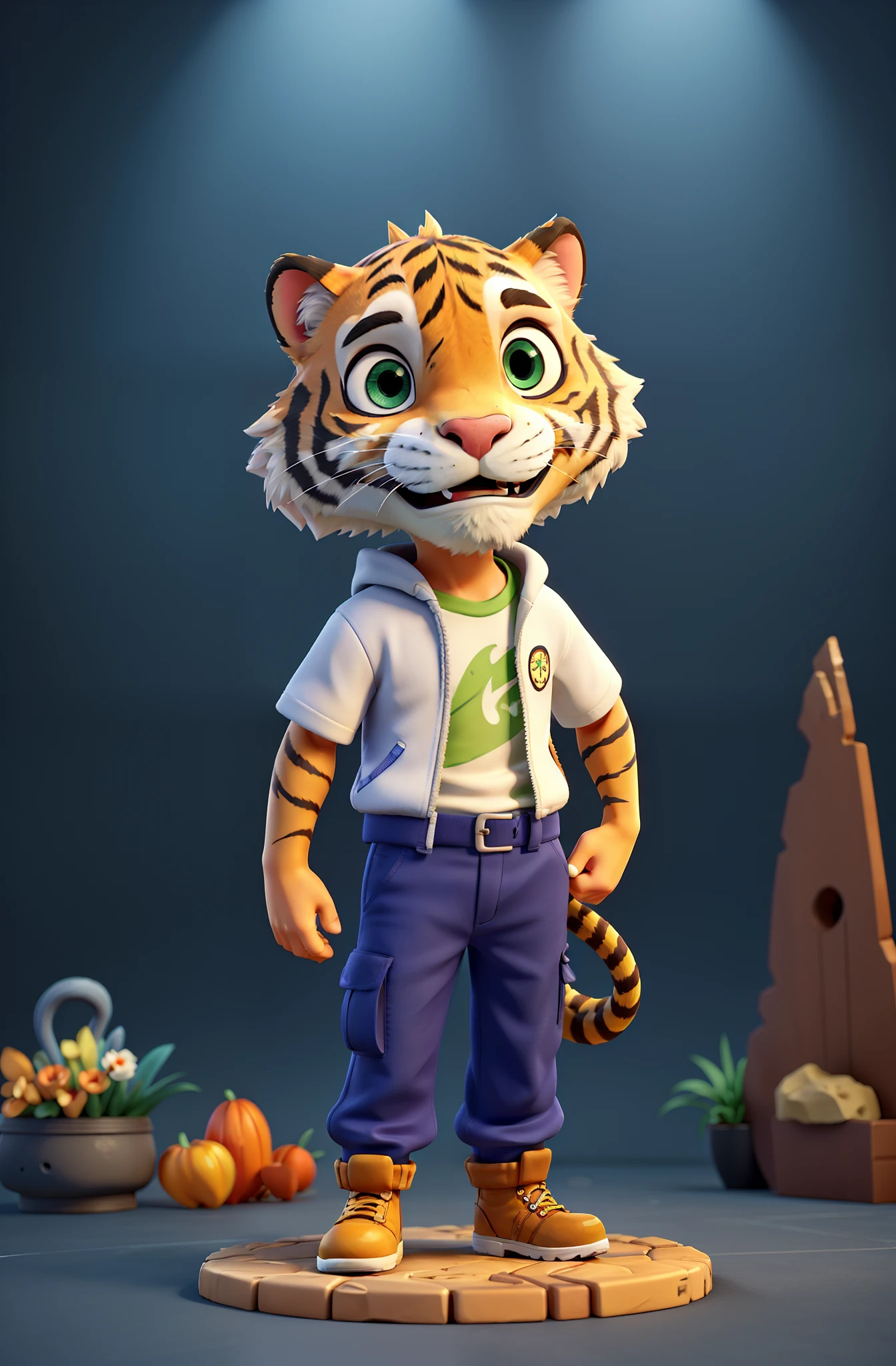 On the stand stood a cartoon tiger, 3 d render stylized, 3D model of a Japanese mascot, Stylized 3 D, Anthropomorphic tiger, 3 d icon for mobile game, for hire 3d artist, stylized 3d render, toon render keyshot, 3 D character art, Stylized anime, high detail iconic character,Rich in detail,Dark environment,The tail is on the ass,Wear aj on the feet,The pants are cargo pants,The storm suit of the Archaeopteryx worn on the body