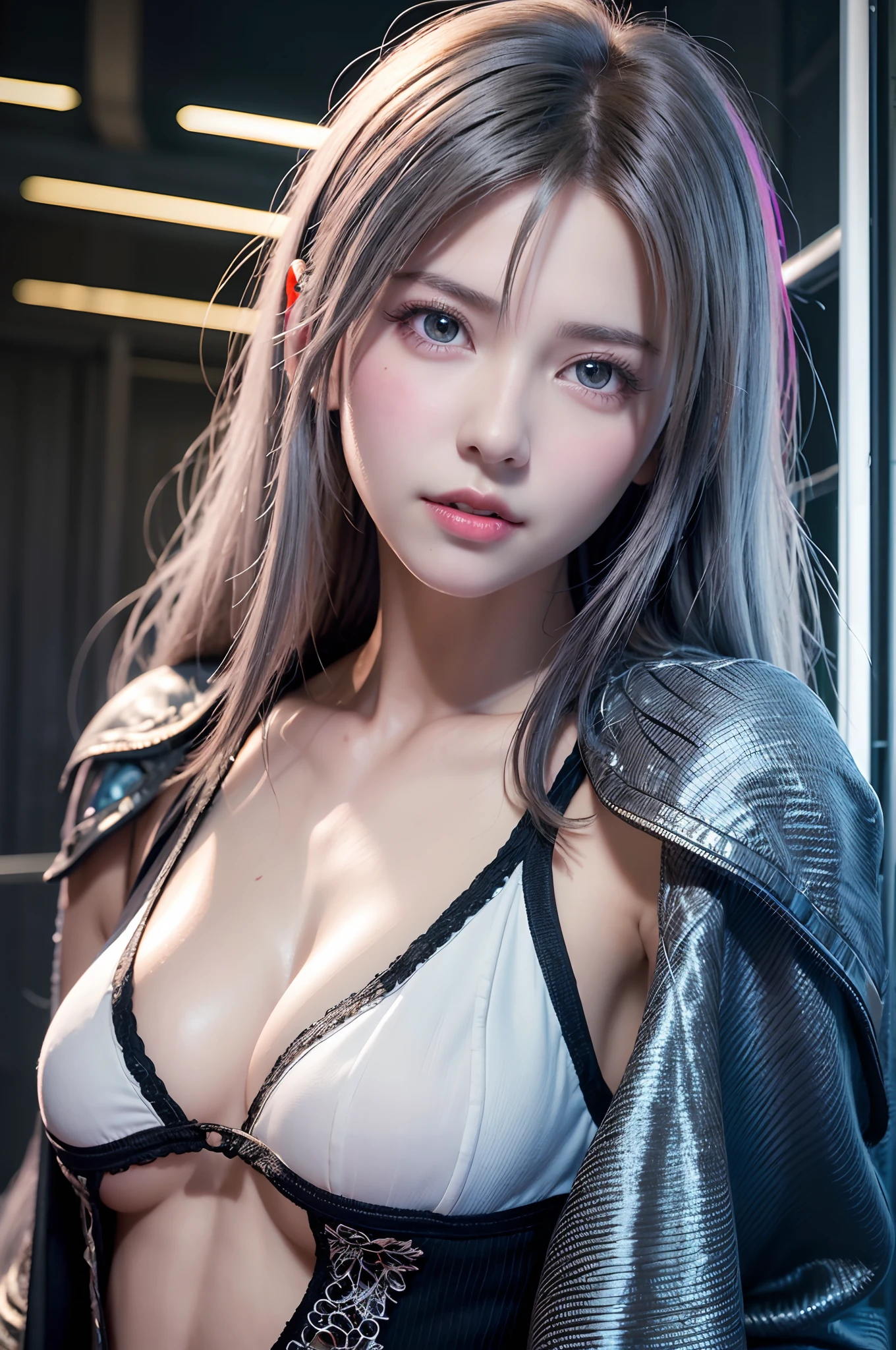 top-quality、8K Masterpiece、超A high resolution、(Photorealsitic:1.3)、Raw photo、女の子1人、silver white hair、glowy skin、1 Cyberpunk Super Beautiful Soldier、((super realistic details))、portlate、globalillumination、Shadow、octan render、8K、ultrasharp、beauty breast、Raw skin is exposed in cleavage、metals、cold color、、highly intricate detail、Realistic light、CGSoation Trends、Beautiful eyes、radiant eyes、Facing the camera、neon details、