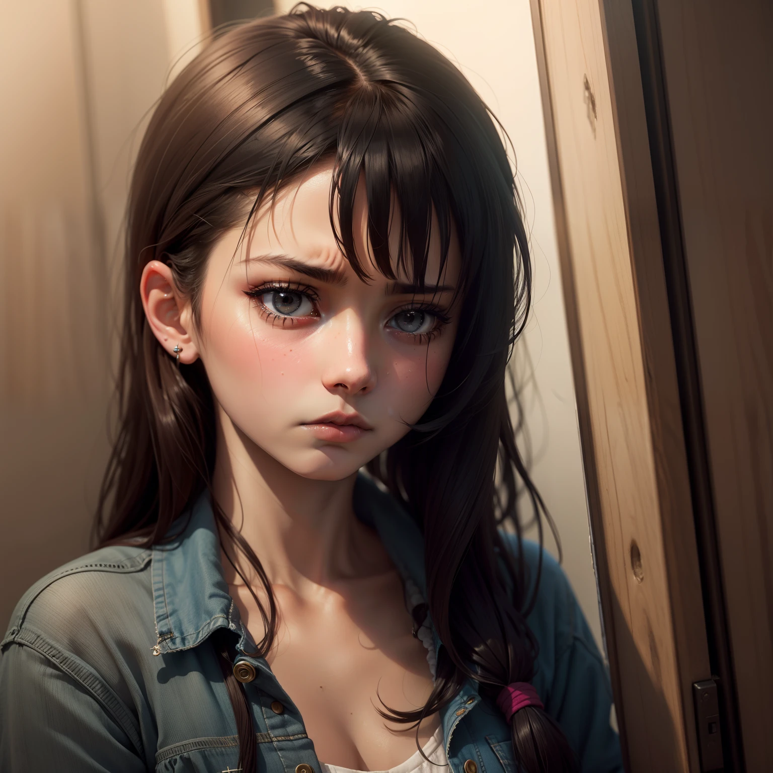 Beautuful Women、Crying face、up、A dark-haired、s lips、Big eyes、stare、fleeting、camisole、small tits