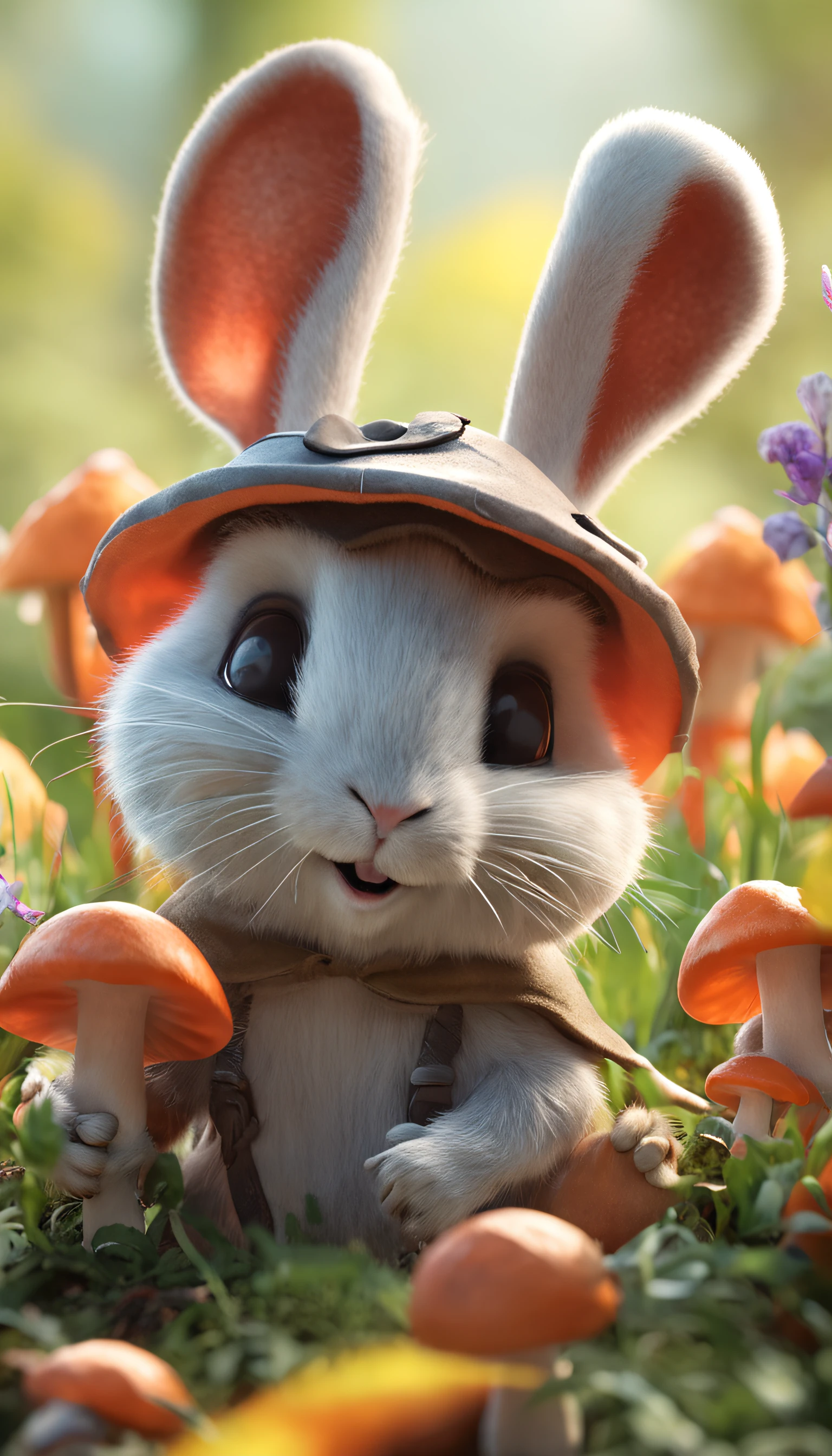 adorable creature,Similar to a mixture of rabbit and carrot, Adorable, Cute, Furry, Fluffy, forest, Mushrooms, Wear a mushroom hat